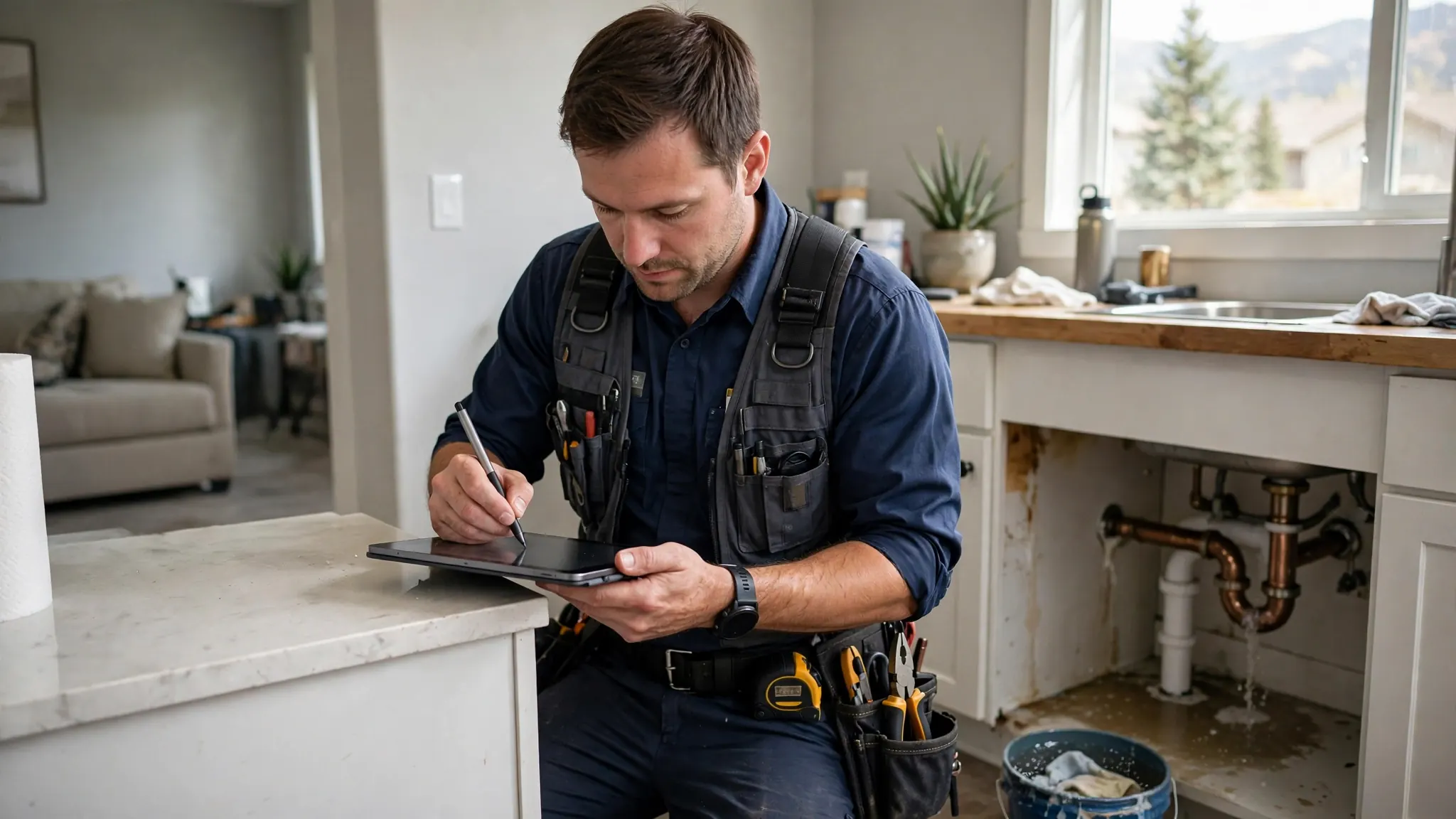 Technician writing a leak inspection report on a tablet