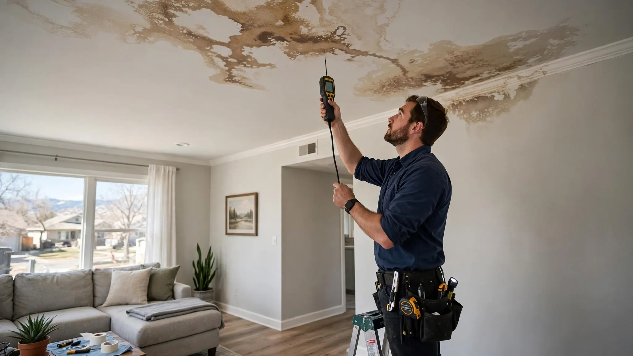 Brown water stain spreading across a living room ceiling in a Broomfield home