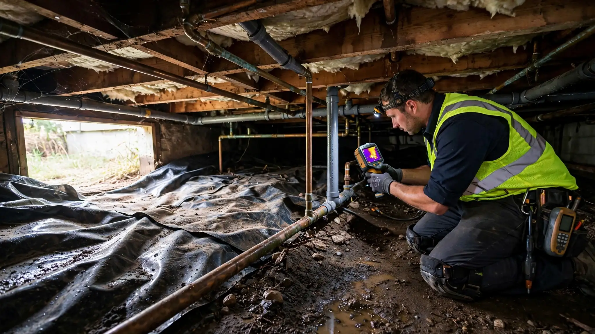 Damp crawlspace interior with vapor barrier and wooden joists