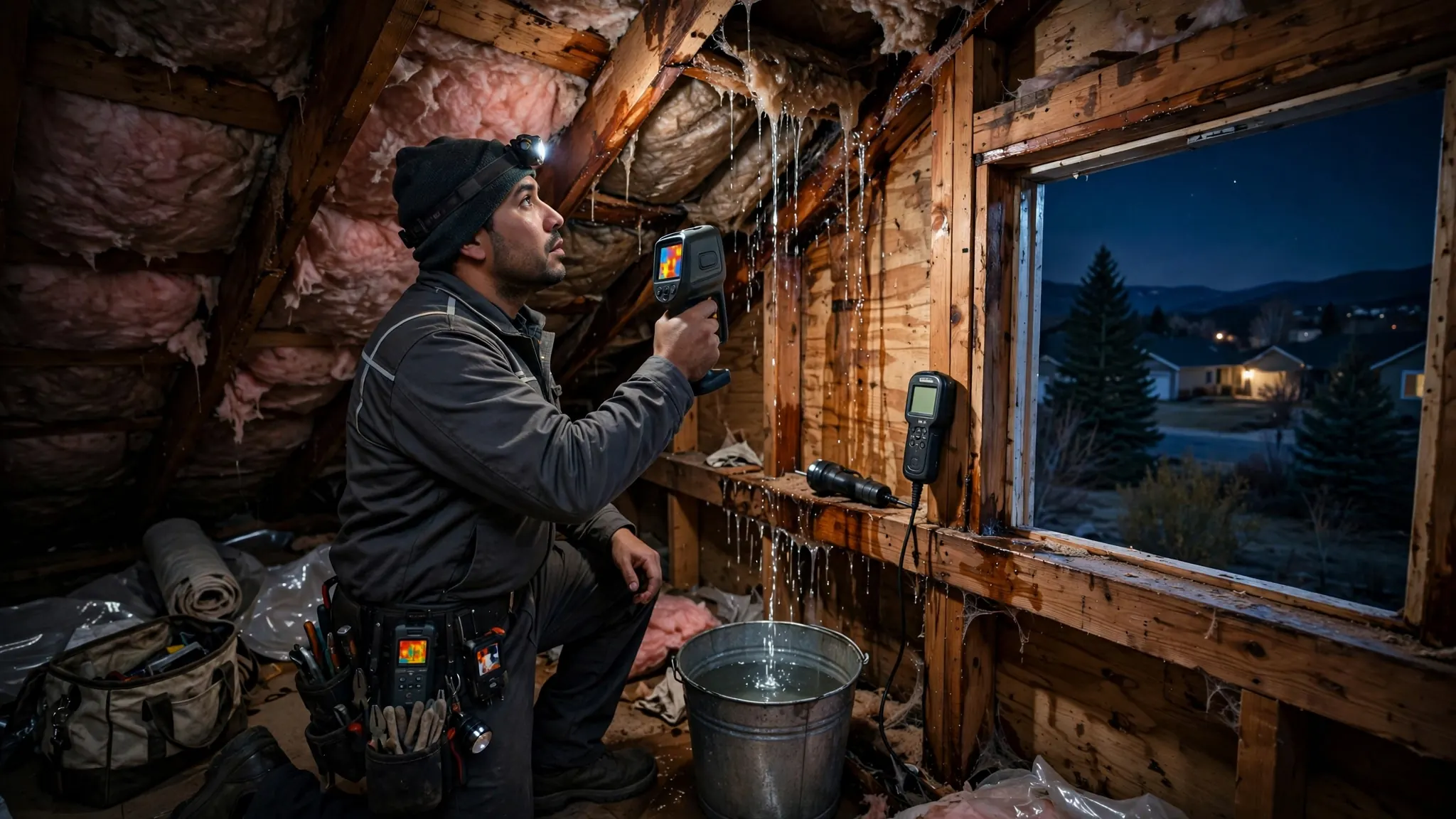 Water dripping through a ceiling from a burst attic pipe — emergency attic leak response in Broomfield