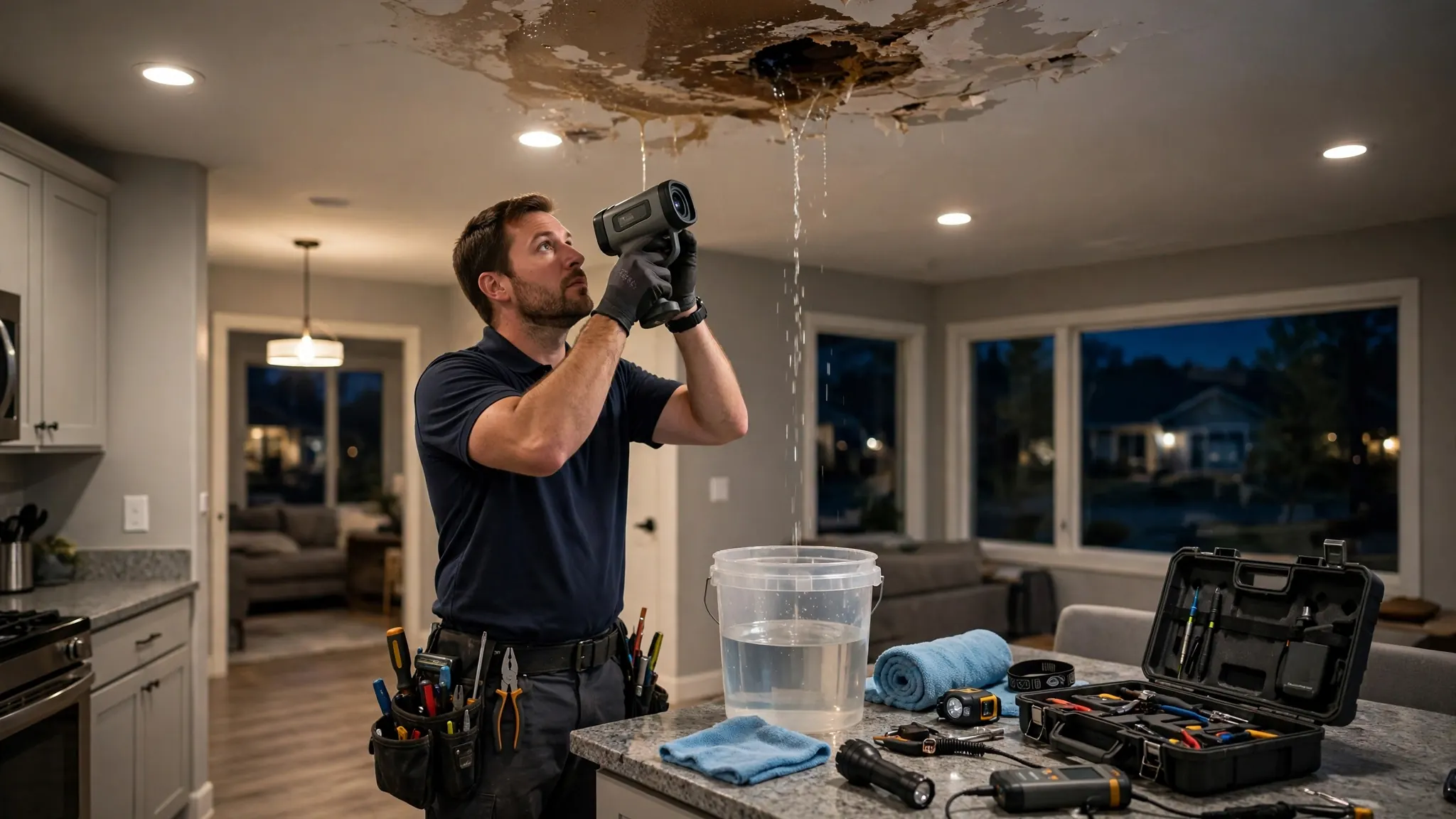 Emergency ceiling leak response — technician assessing a sagging water-damaged ceiling with moisture meter in a Broomfield home