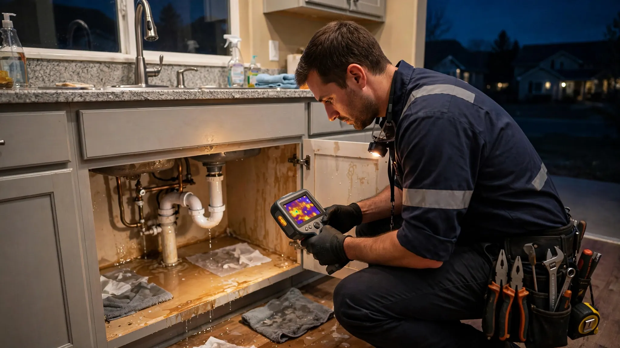 Emergency high-bill leak investigation — technician documenting a spinning water meter for an urgent utility appeal in Broomfield