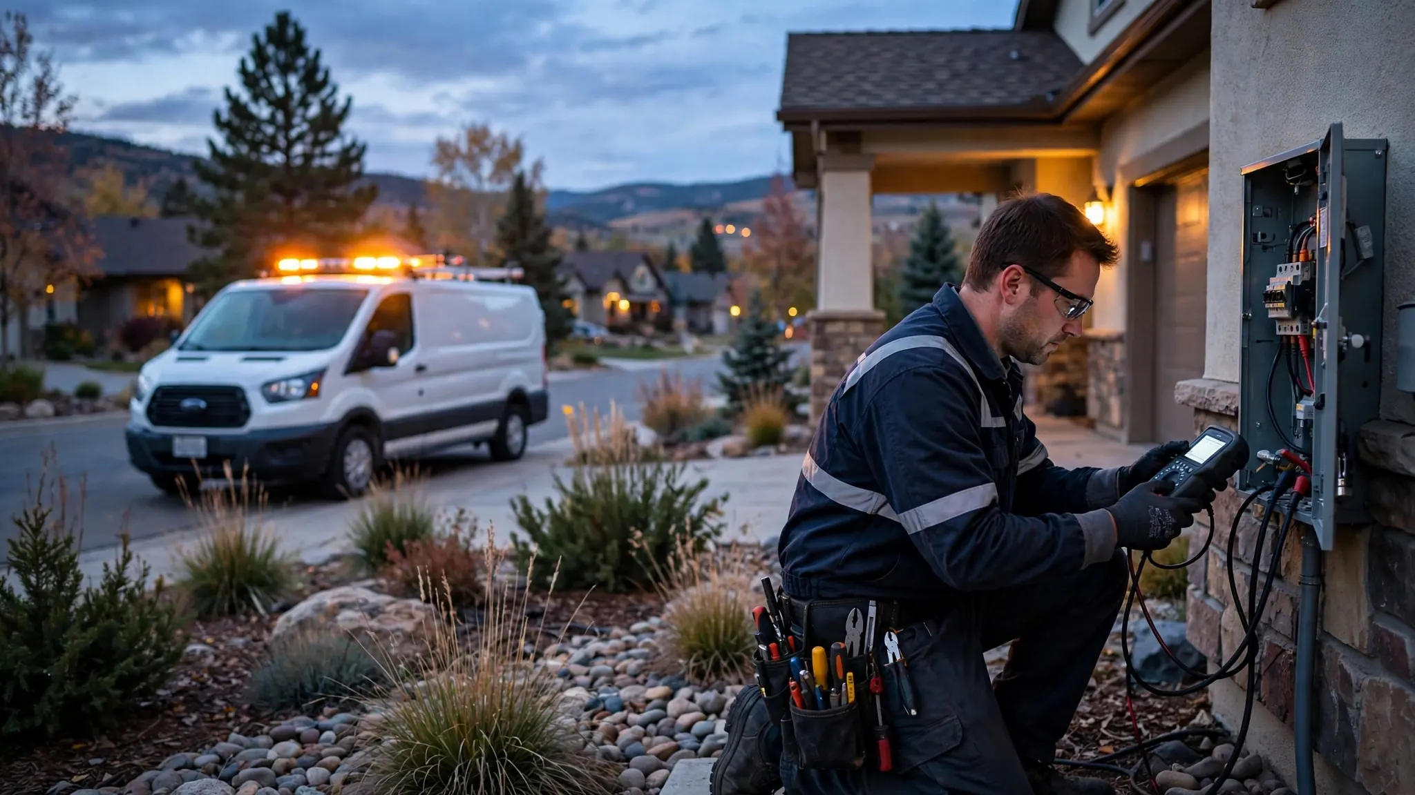 Emergency leak detection van responding at a Broomfield home at dusk