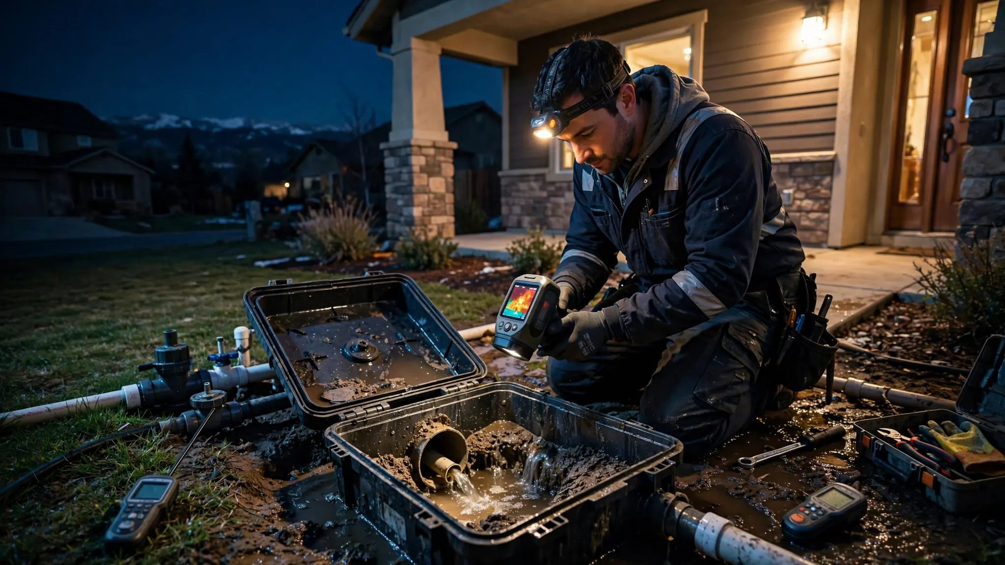 Emergency irrigation leak response — gushing broken sprinkler main flooding a Broomfield lawn at night