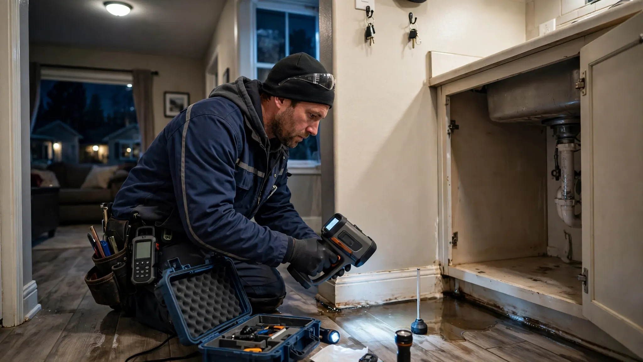 Emergency leak detection technician with acoustic listening equipment responding to active flooding in a Broomfield home