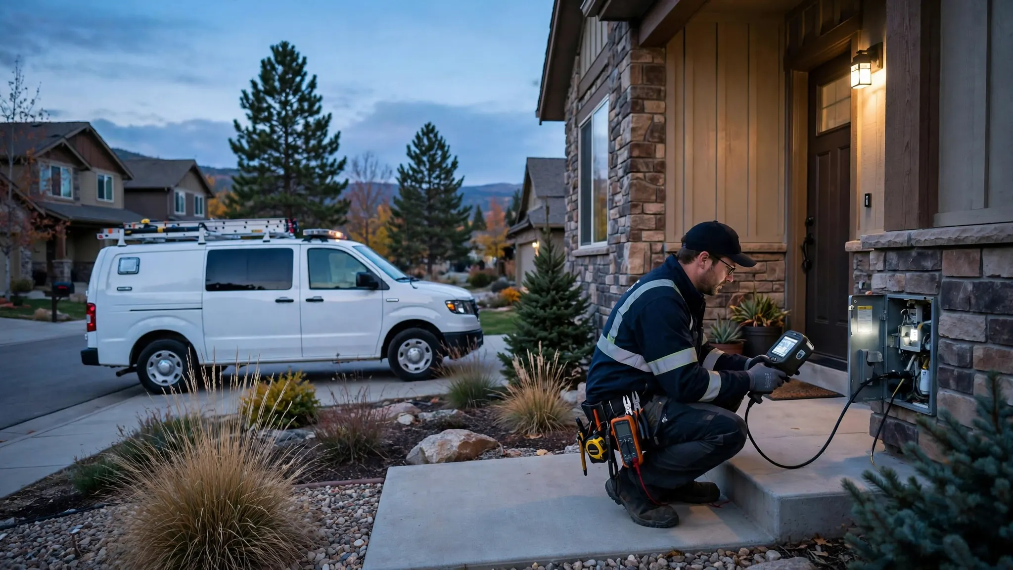 Emergency leak detection technician with a thermal camera responding to an active water leak at night in Country Club Estates, Broomfield