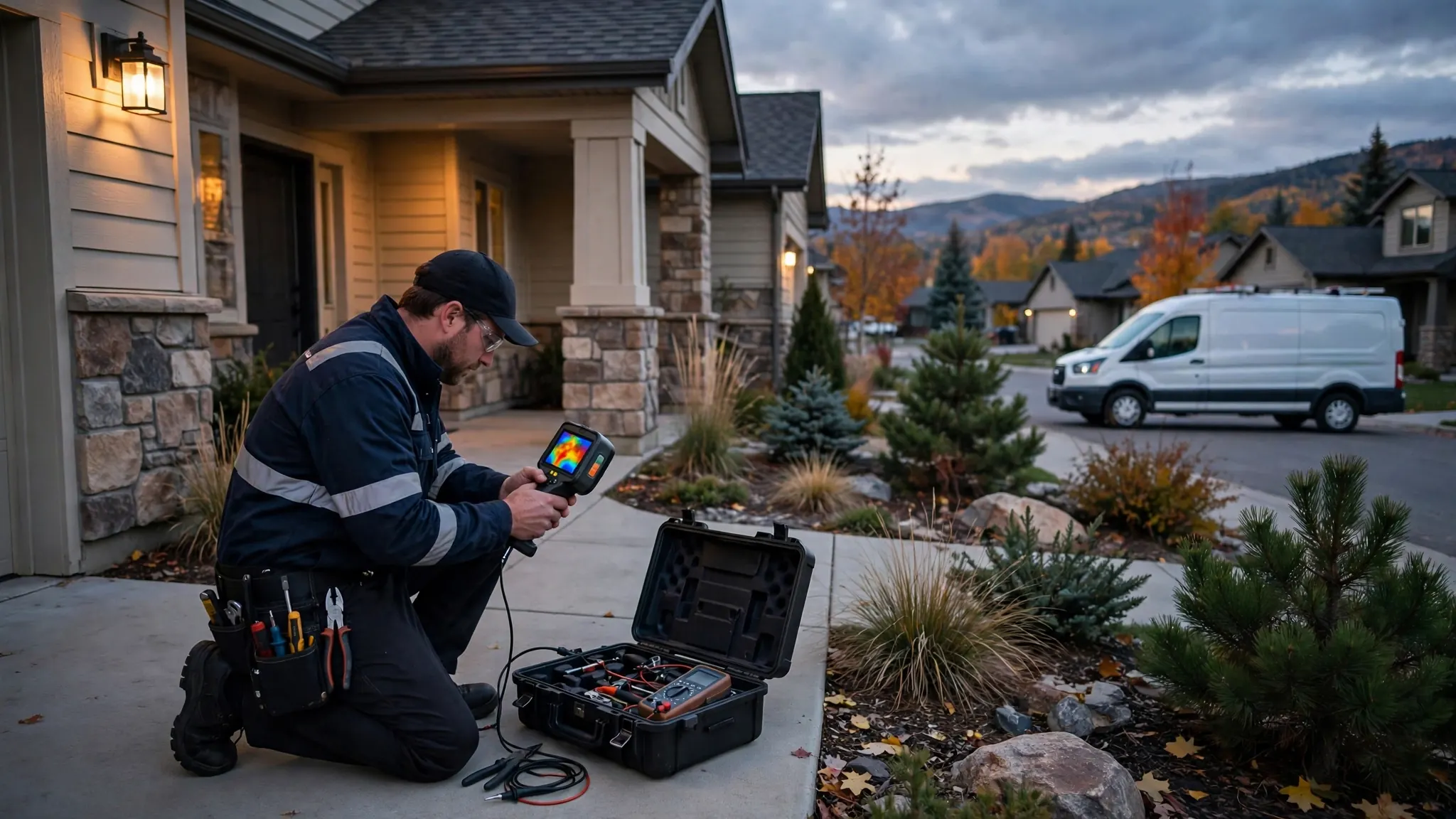 Emergency technician using acoustic listening equipment to locate a burst supply line inside an established Heritage Hills home in Broomfield