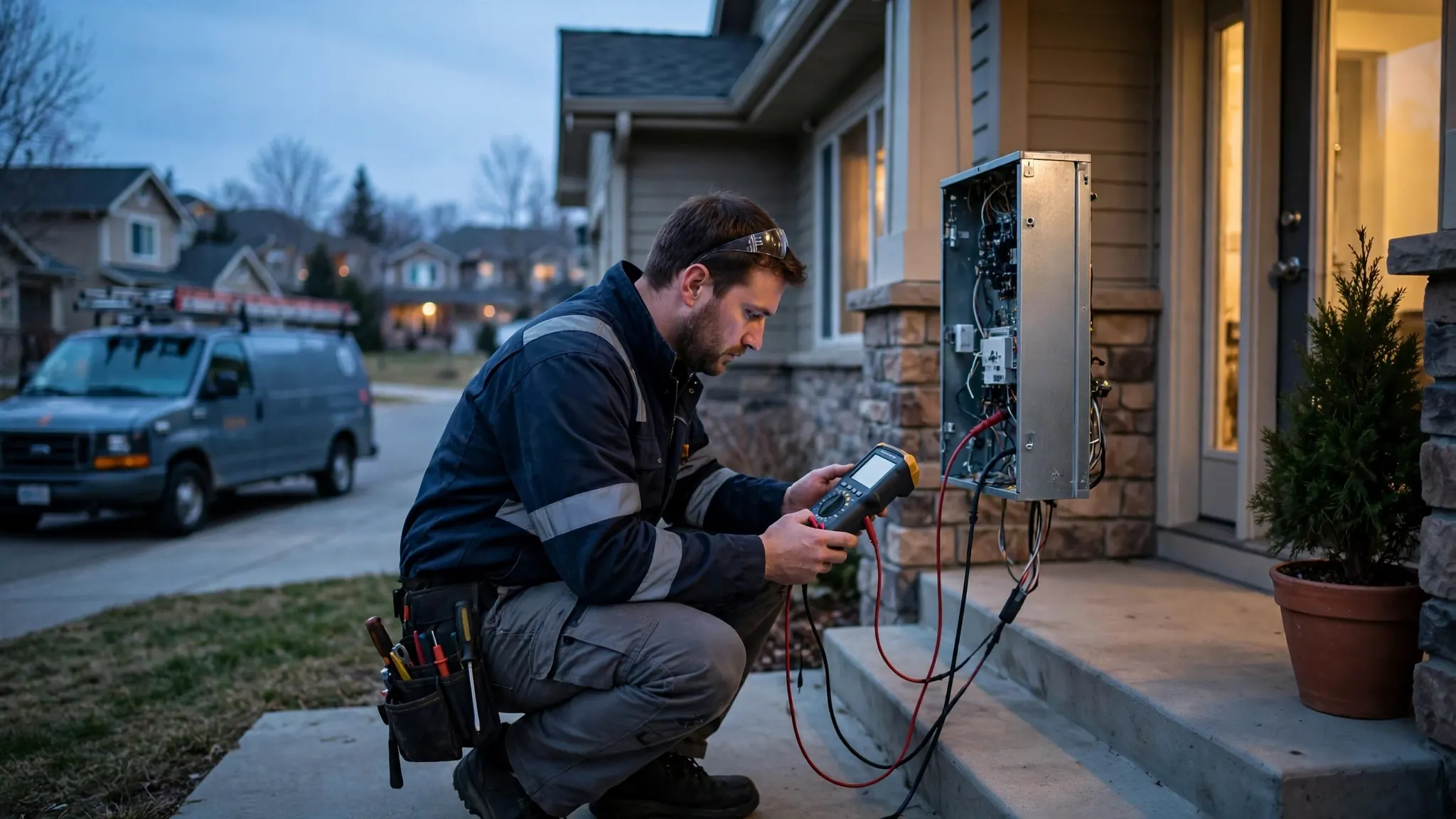 Emergency technician tracing a burst irrigation main flooding a Highland Park yard at night