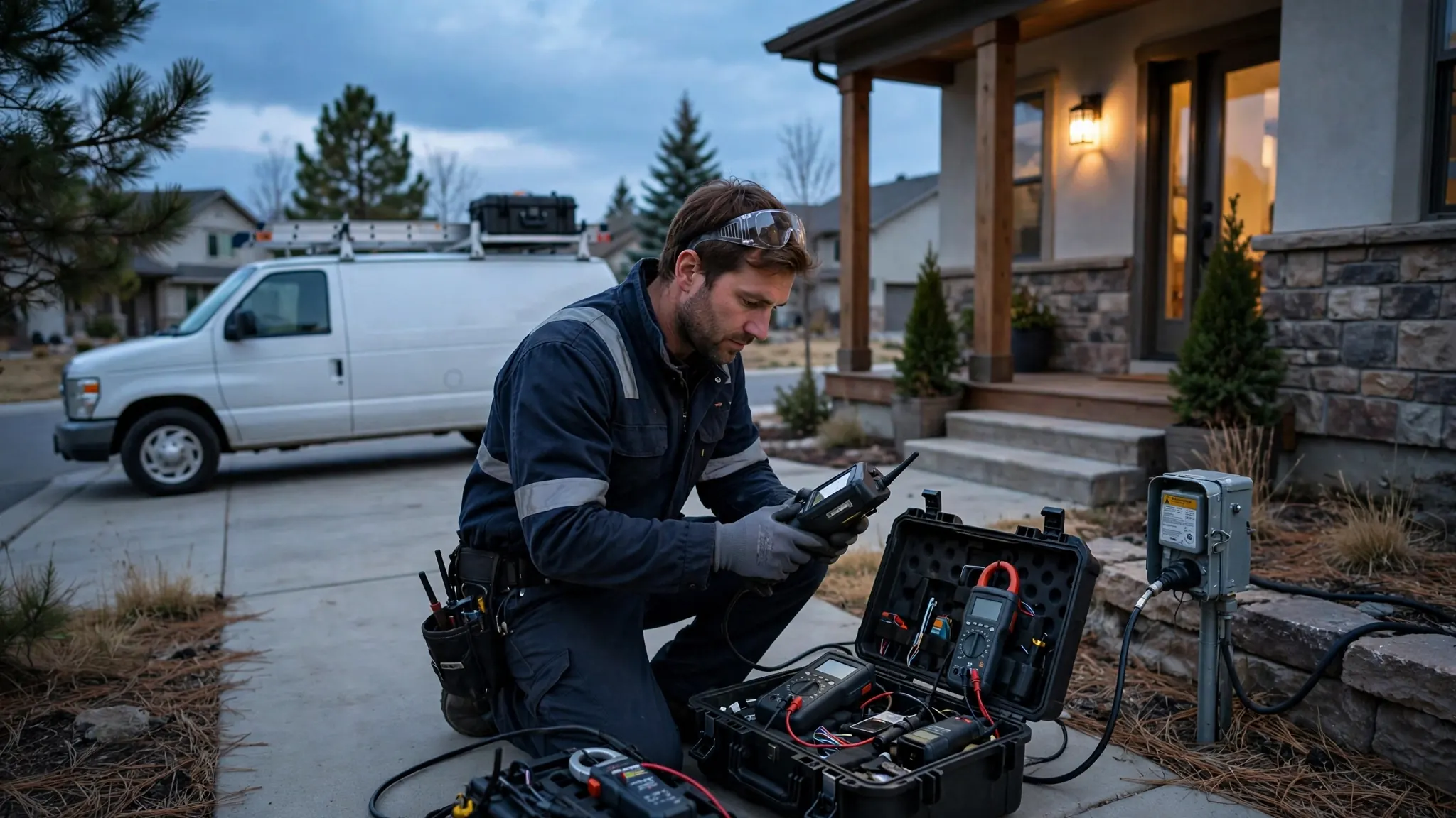 Technician performing a curb-stop isolation test at a water meter box during an emergency yard leak call in Pinecrest, Broomfield