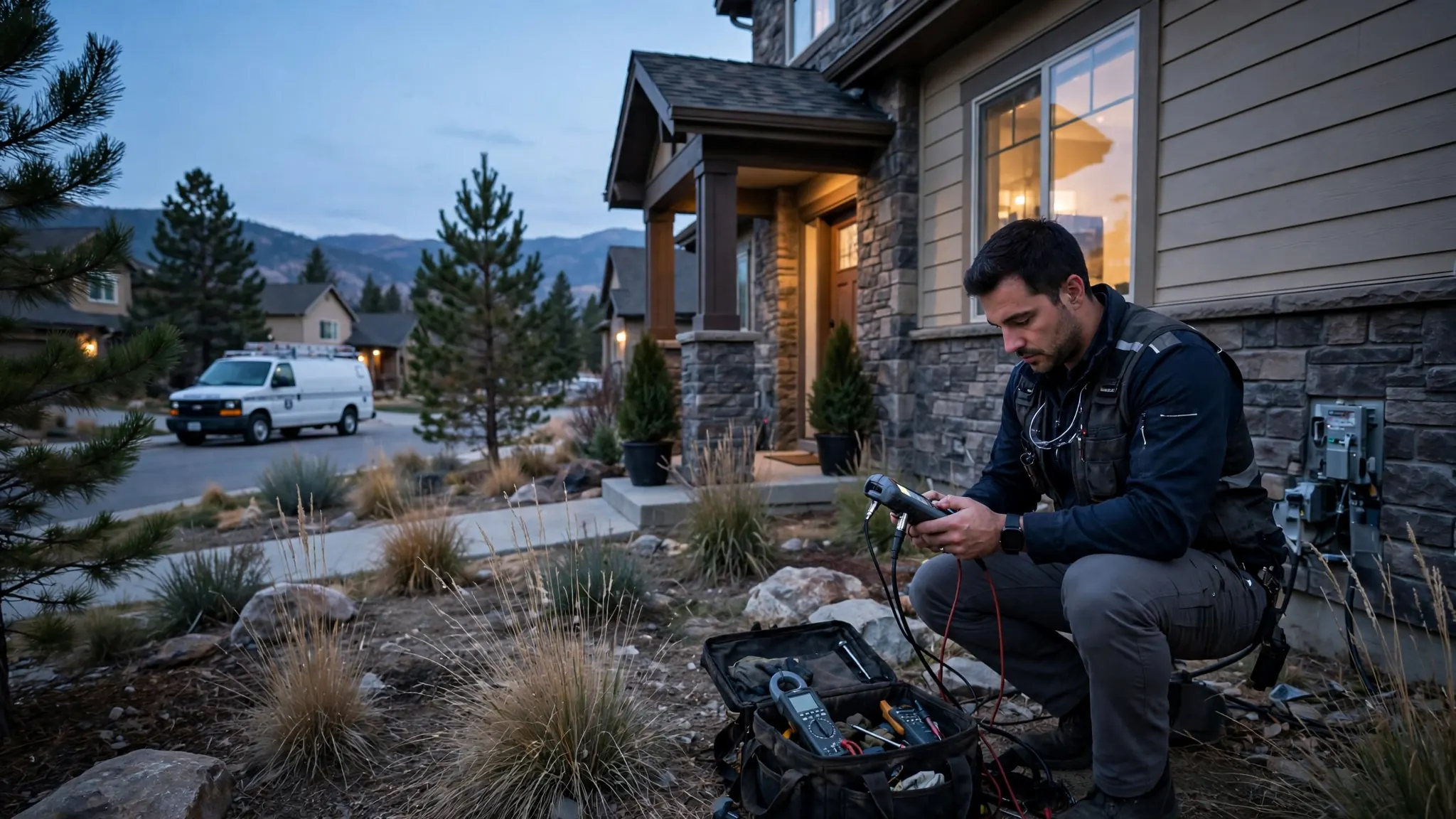 Emergency leak technician with acoustic ground microphone tracing a burst exterior-wall pipe at a wind-exposed Summit Ridge home in Broomfield