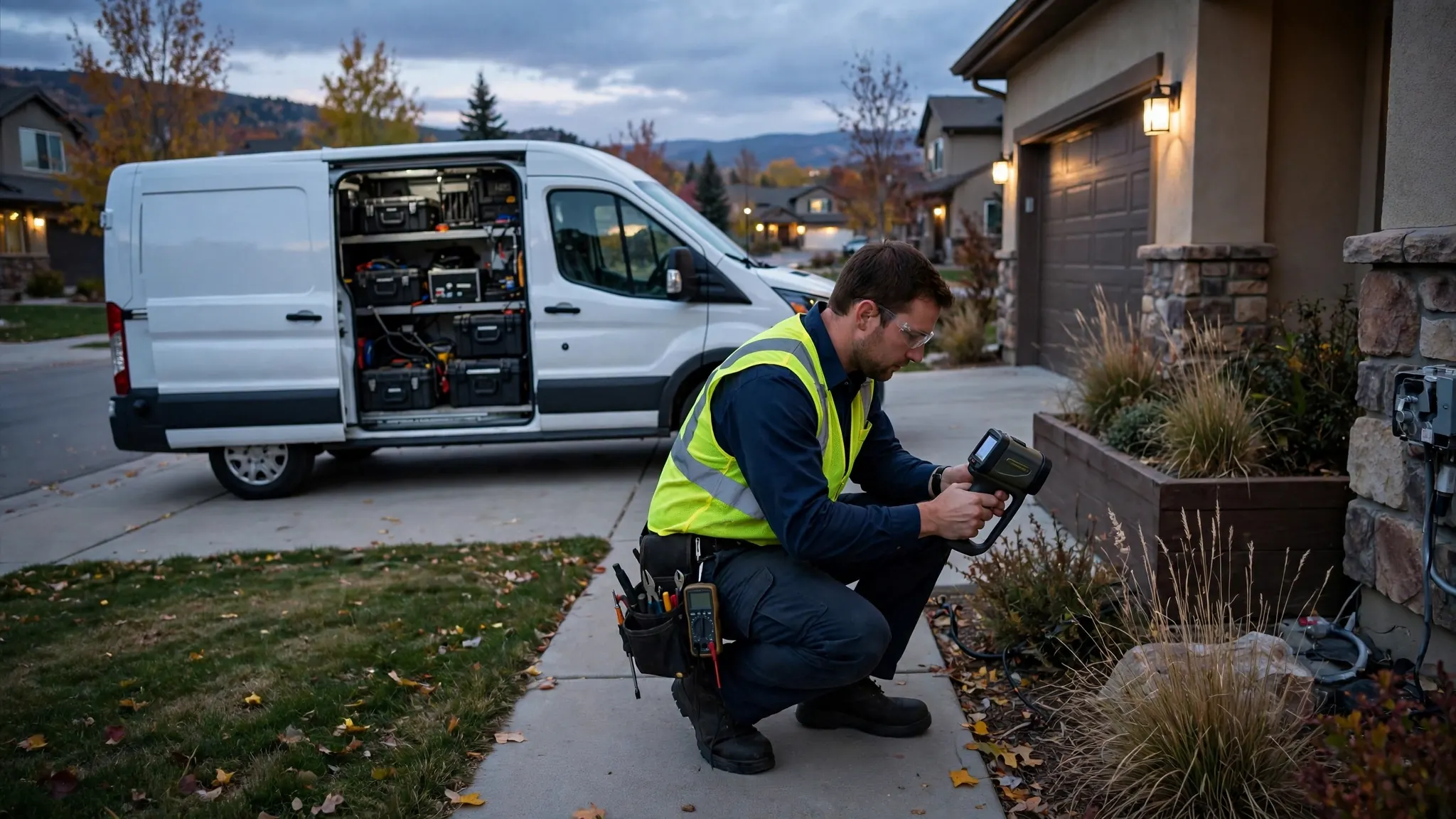 Emergency technician tracing a leak traveling downhill on a sloped Valley View lot