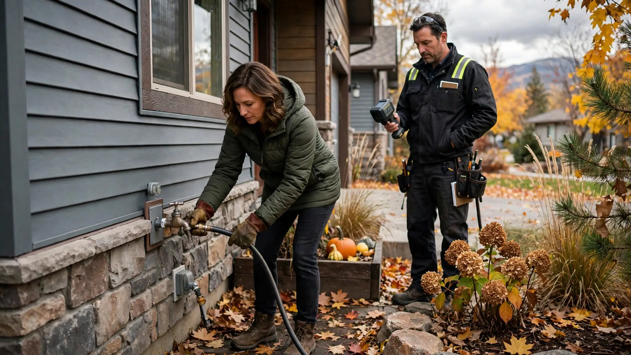 Homeowner insulating exposed water pipes in a garage during fall
