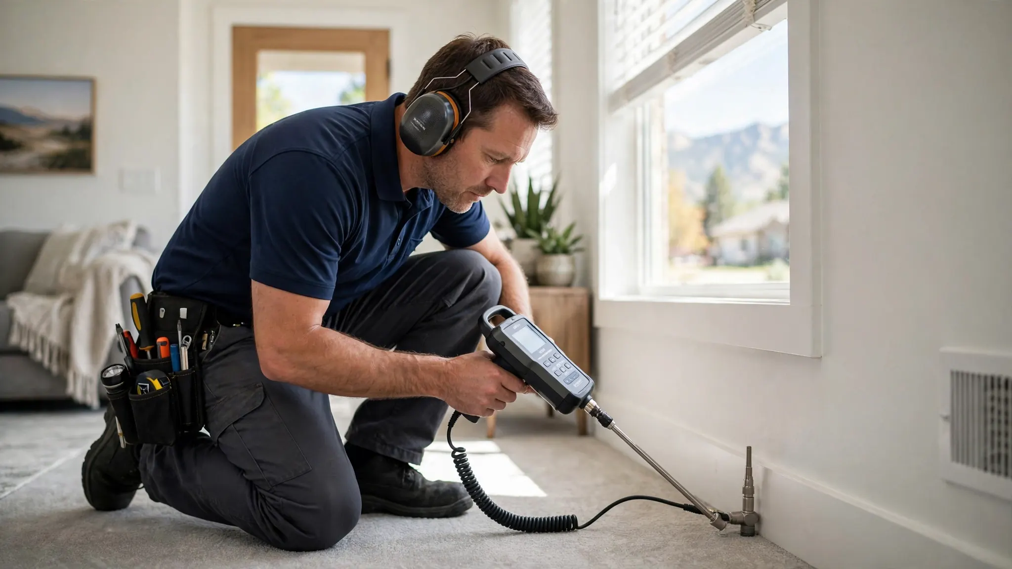 Leak detection specialist using acoustic equipment in a Broomfield home
