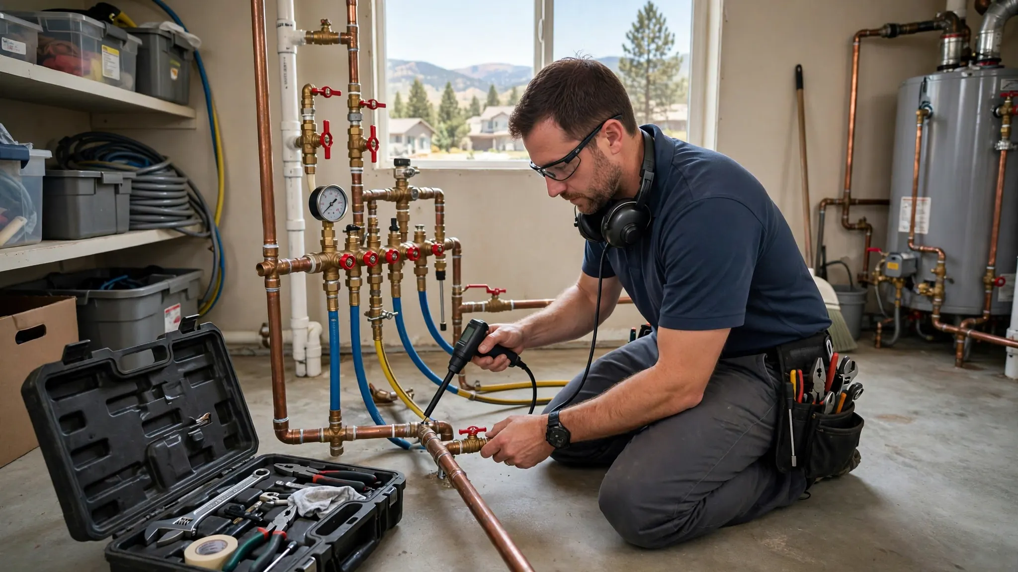 Technician testing a sprinkler valve box and zone lines for leaks in a Broomfield yard