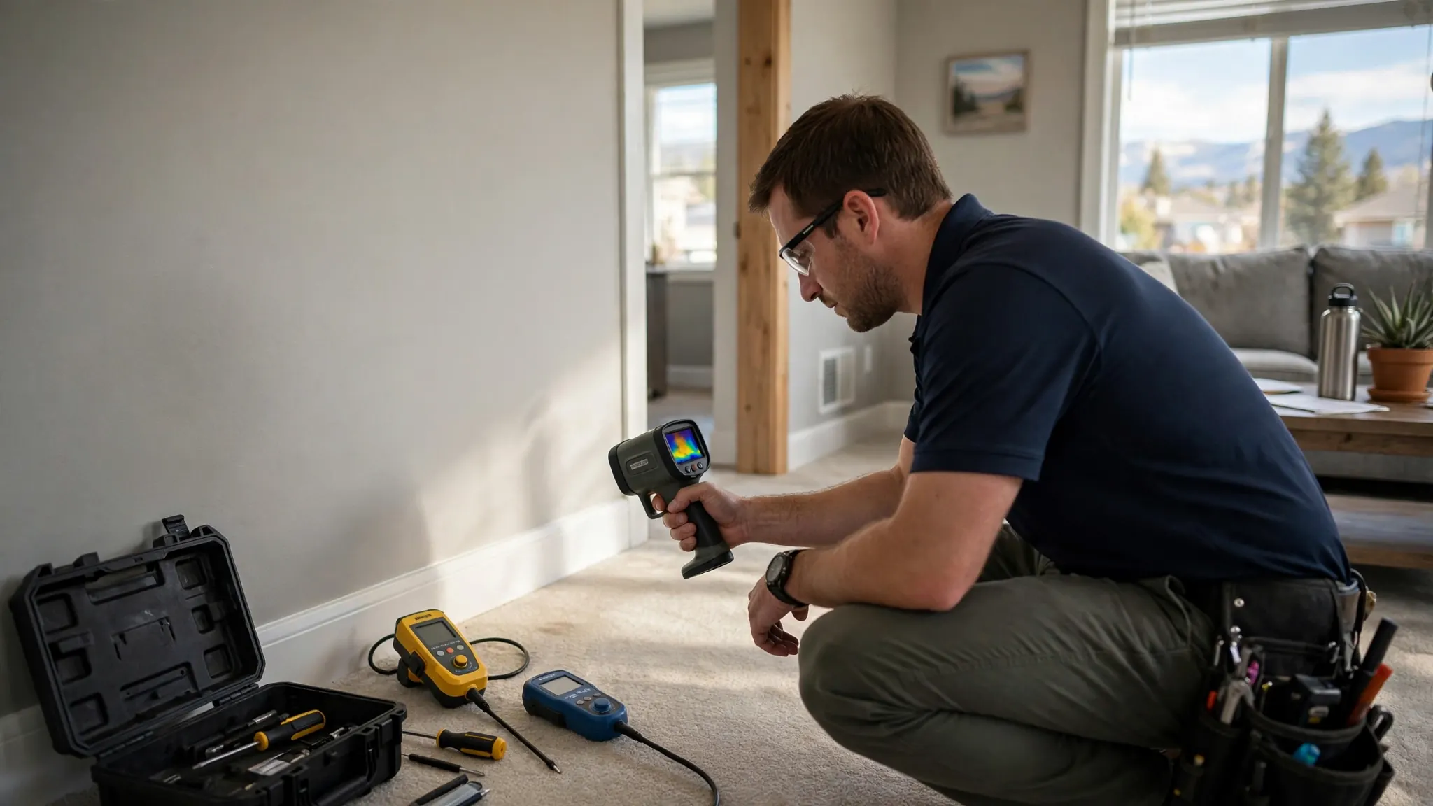 Leak detection specialist using acoustic sensors to pinpoint a hidden water leak in a Broomfield home