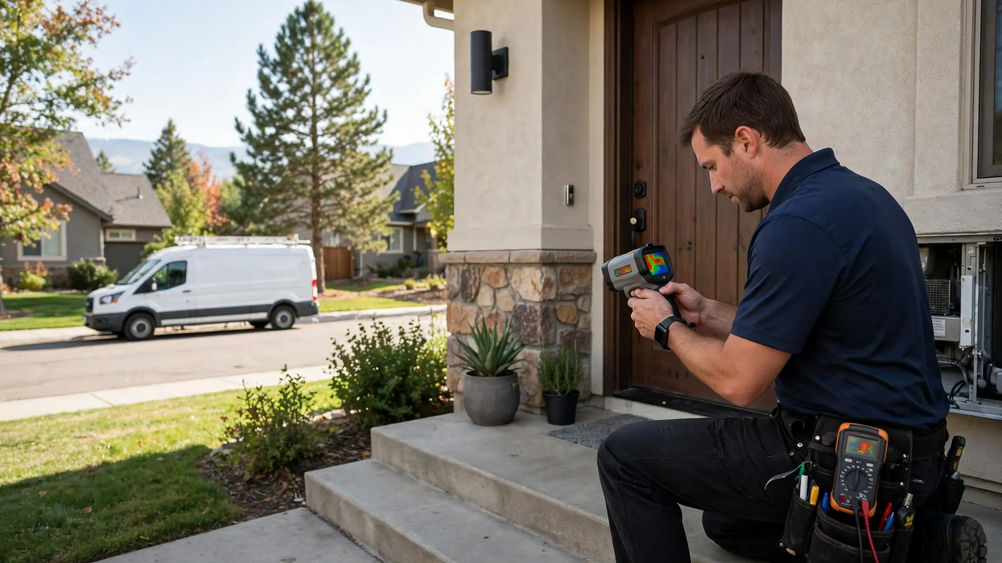 Leak detection technician scanning a large home’s exterior with a thermal camera in Country Club Estates, Broomfield