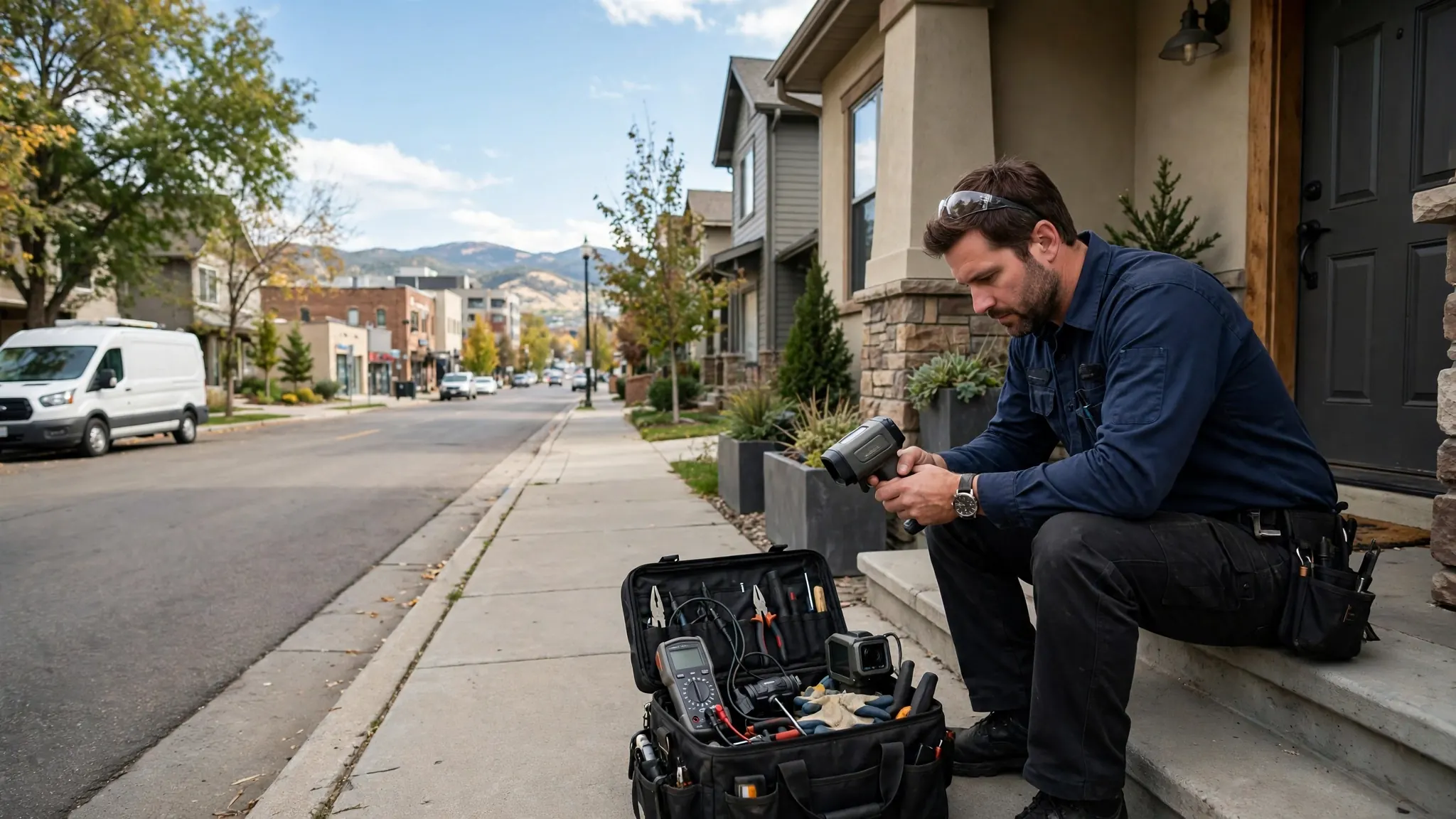 Leak detection technician using acoustic listening equipment along a shared wall in a Downtown / City Center mixed-use building