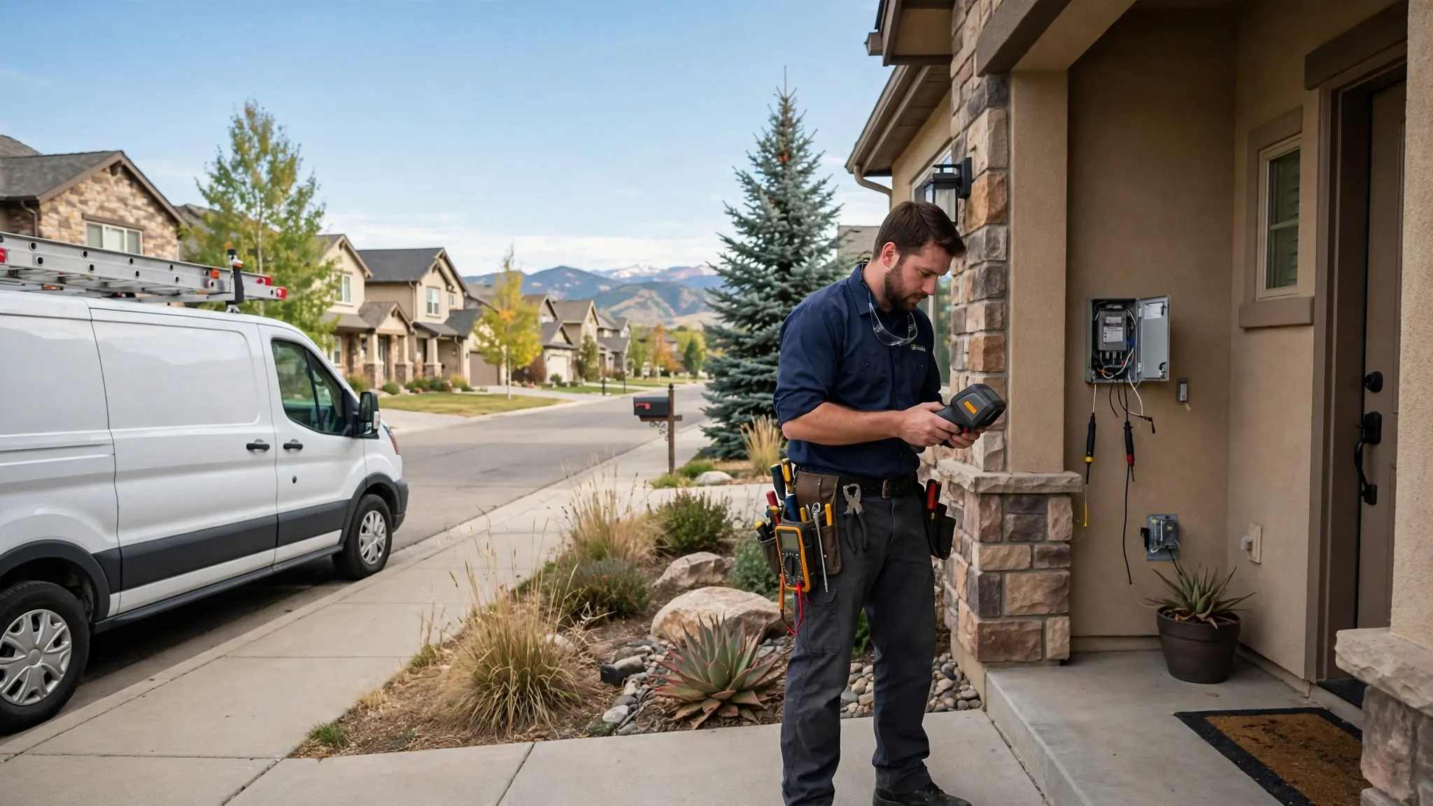 Technician using acoustic listening equipment along an exterior wall of an established home in Heritage Hills, Broomfield