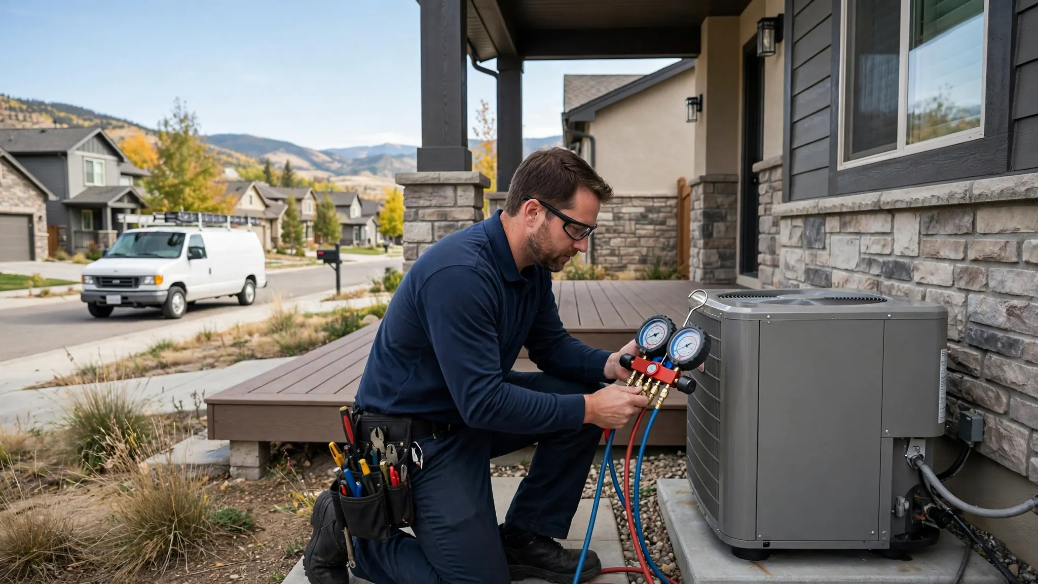 Leak detection technician inspecting an irrigation valve manifold box in a Meadowbrook landscaped yard