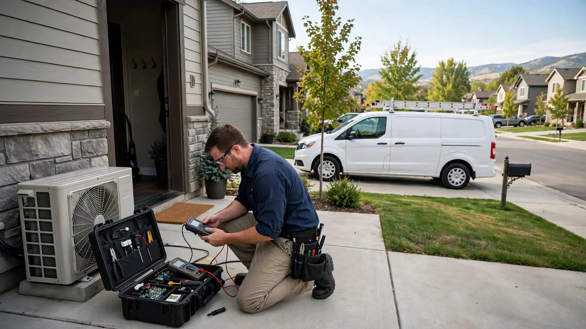Technician tracing a yard service line route with an electronic locator among pine trees in Pinecrest, Broomfield
