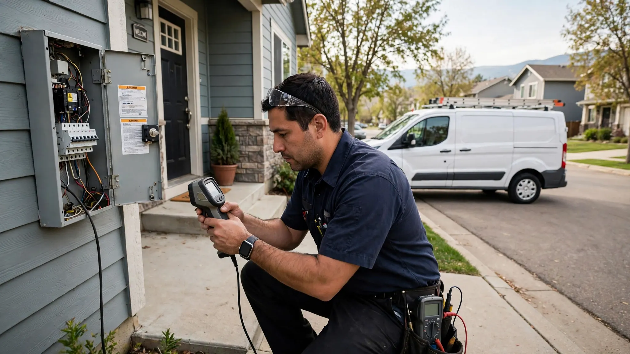 Leak detection technician using a moisture meter along a foundation wall in a Riverfront home