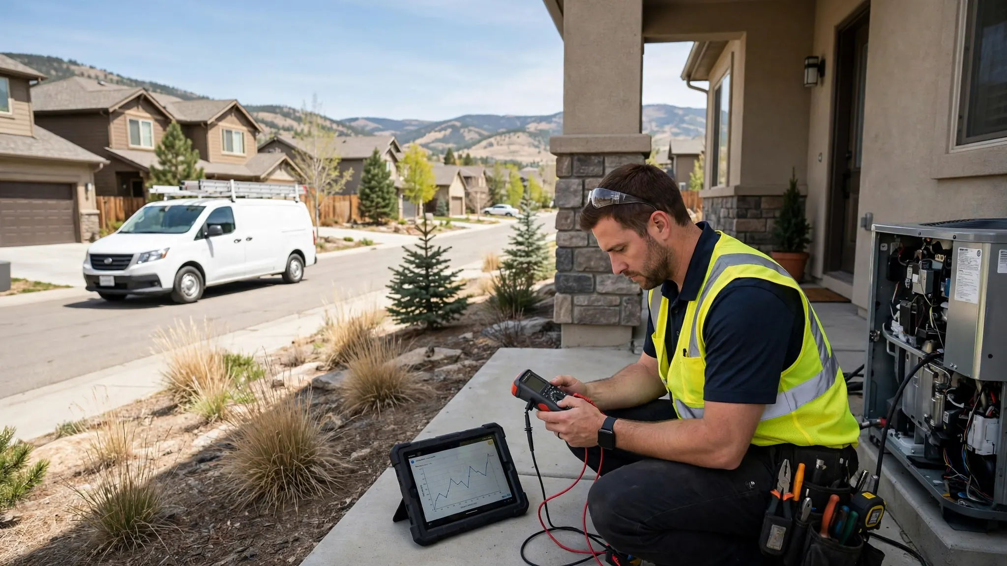 Technician checking exterior wall plumbing with acoustic equipment at a wind-exposed Summit Ridge home in Broomfield