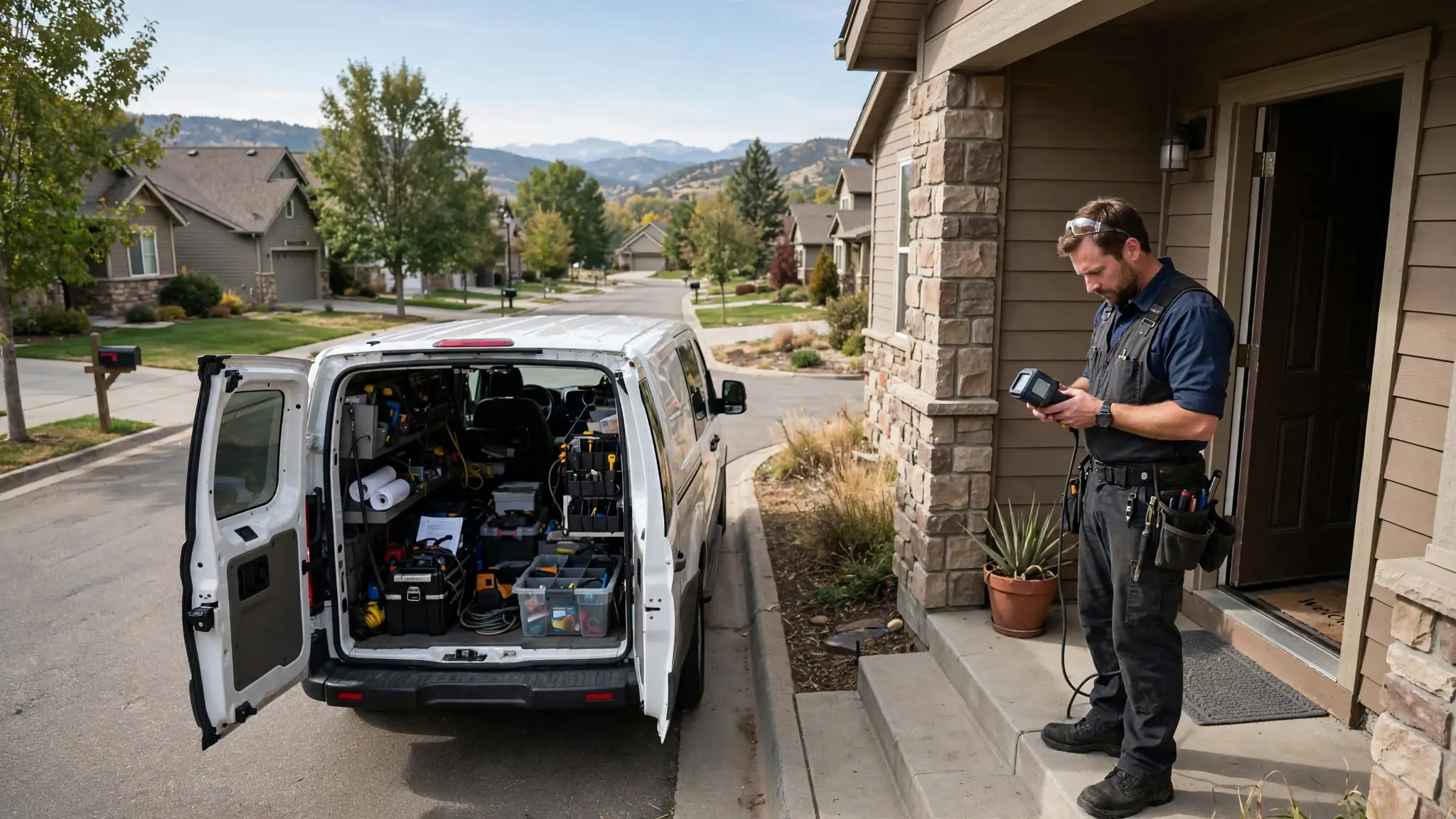 Leak detection technician tracing a water path down a sloped Valley View side yard with acoustic equipment