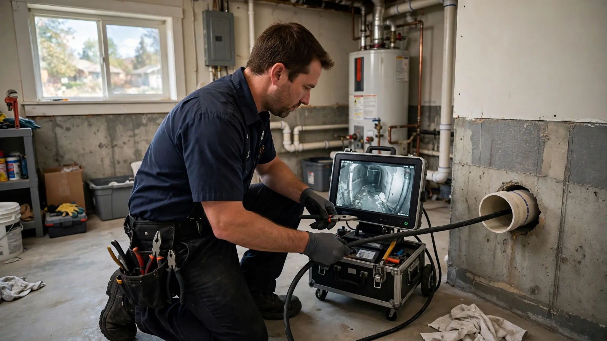 Technician operating a hydro jetting hose to clear a main sewer line