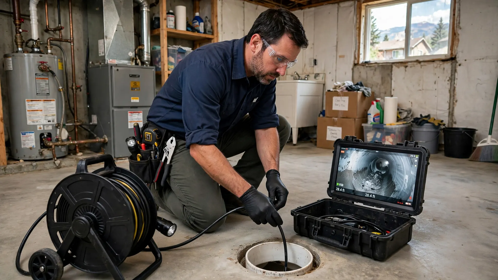 Technician feeding a sewer camera into a main line cleanout to diagnose a blockage