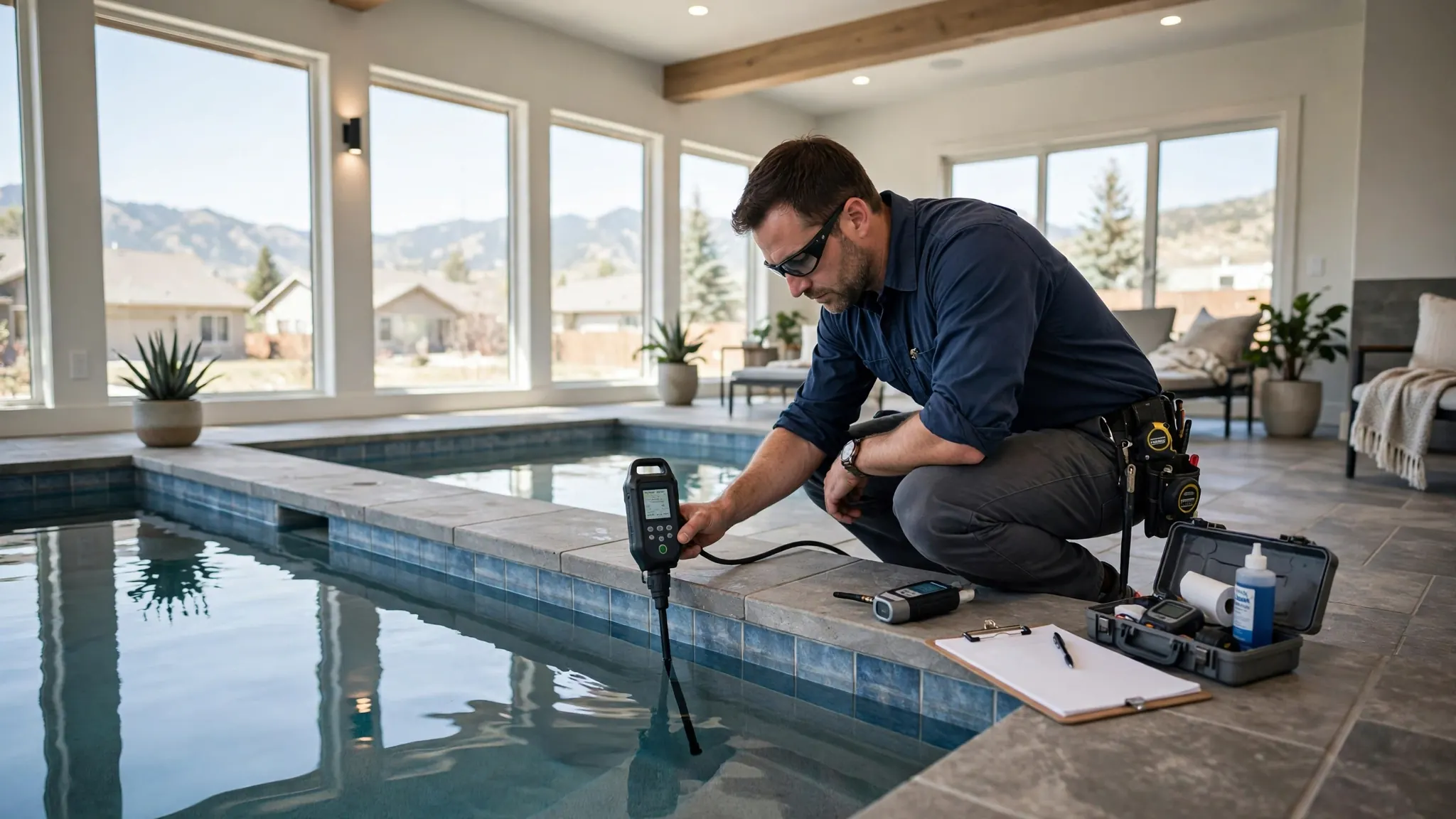 Technician pressure testing swimming pool plumbing lines beside a residential pool