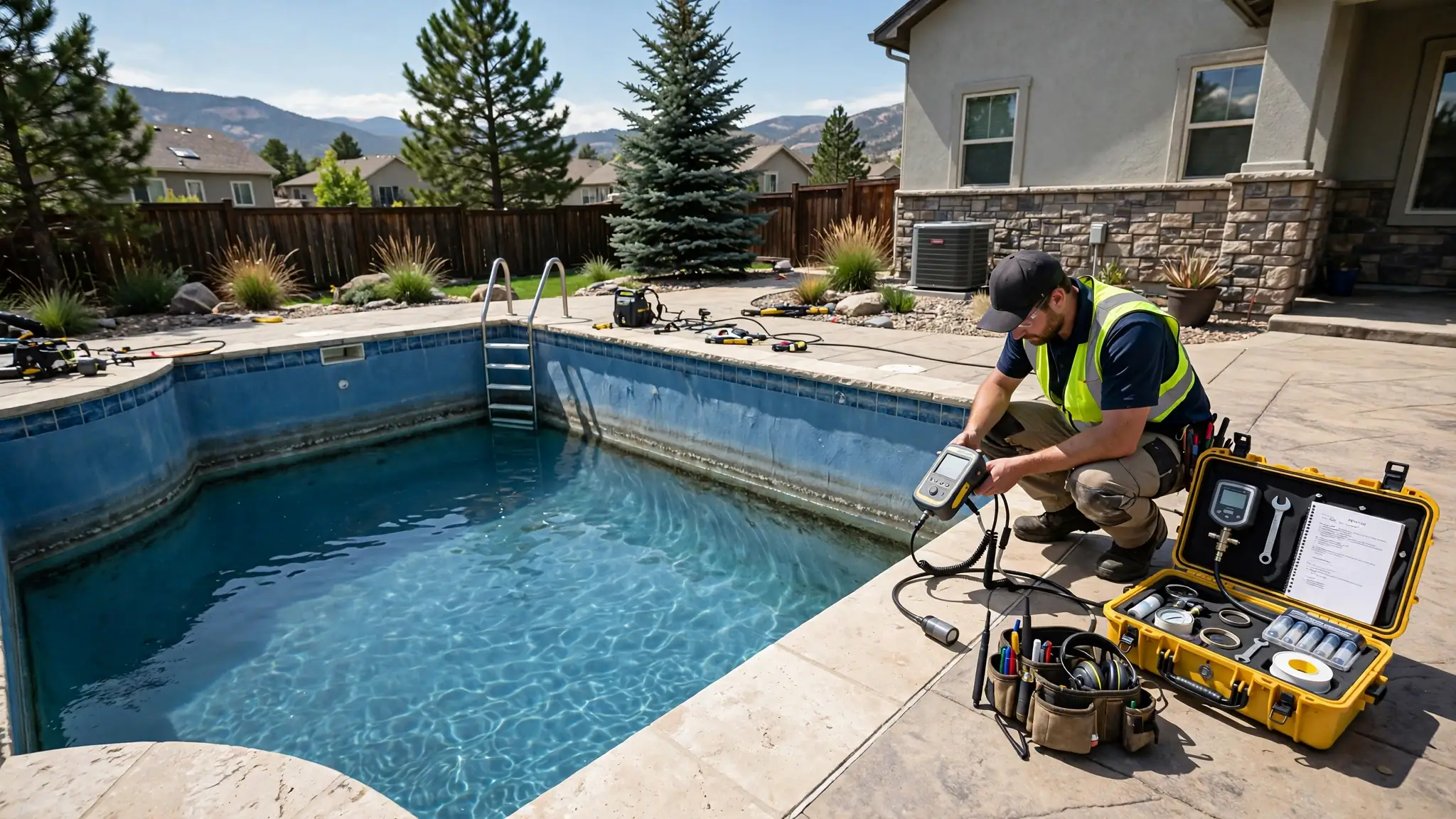 Swimming pool with visibly low water level exposing tile line at a Broomfield home