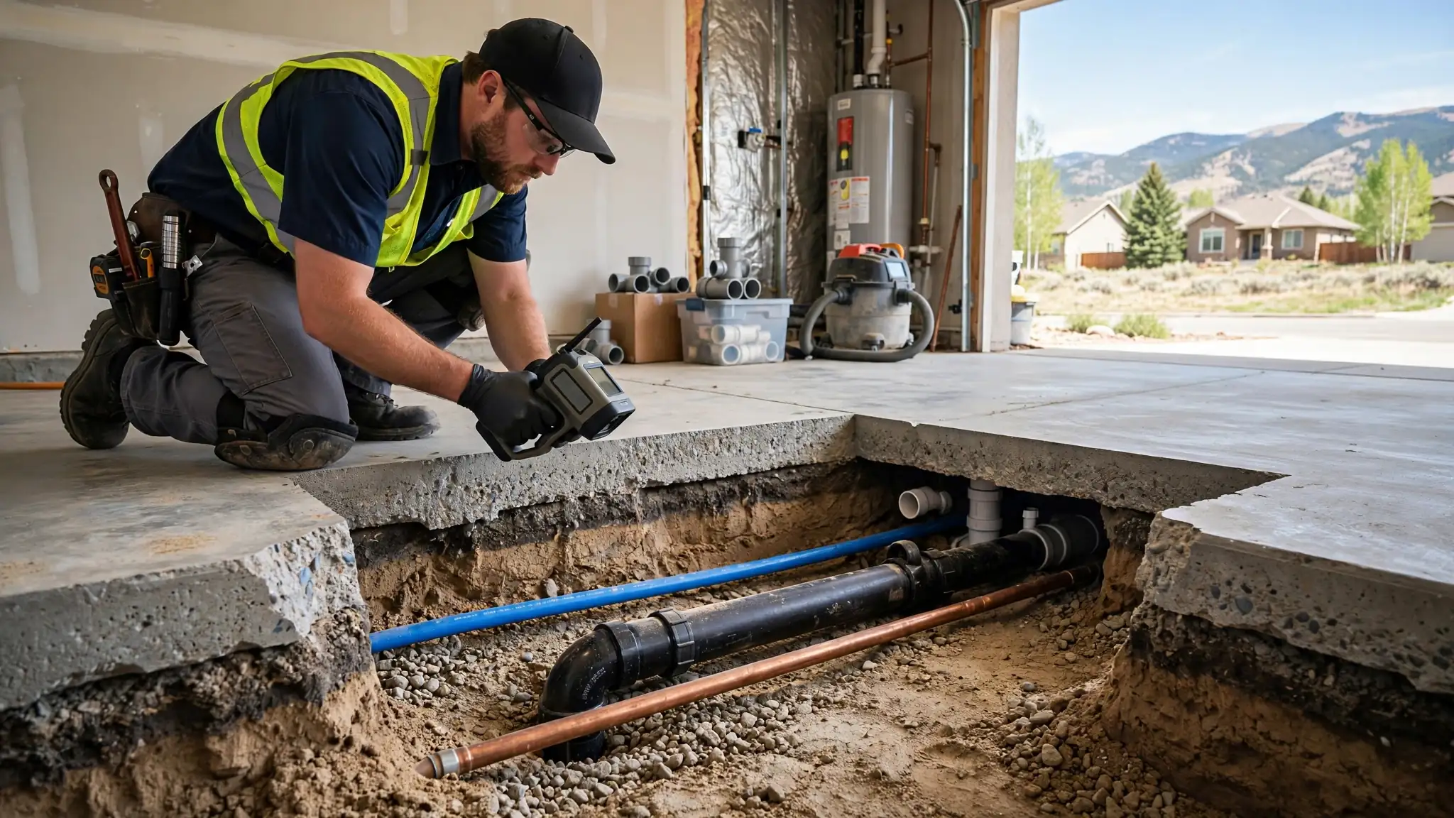 Exposed copper pipe under a concrete slab during a spot repair
