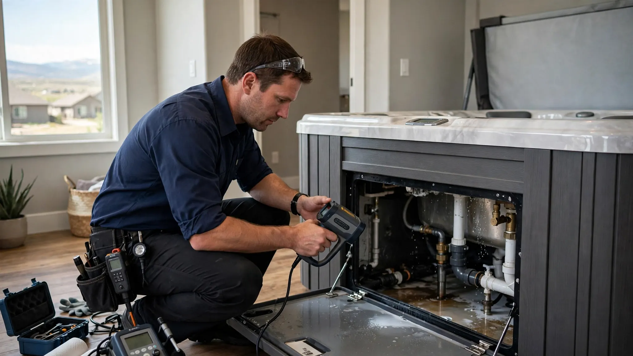 Technician inspecting a hot tub equipment bay with pump and heater components