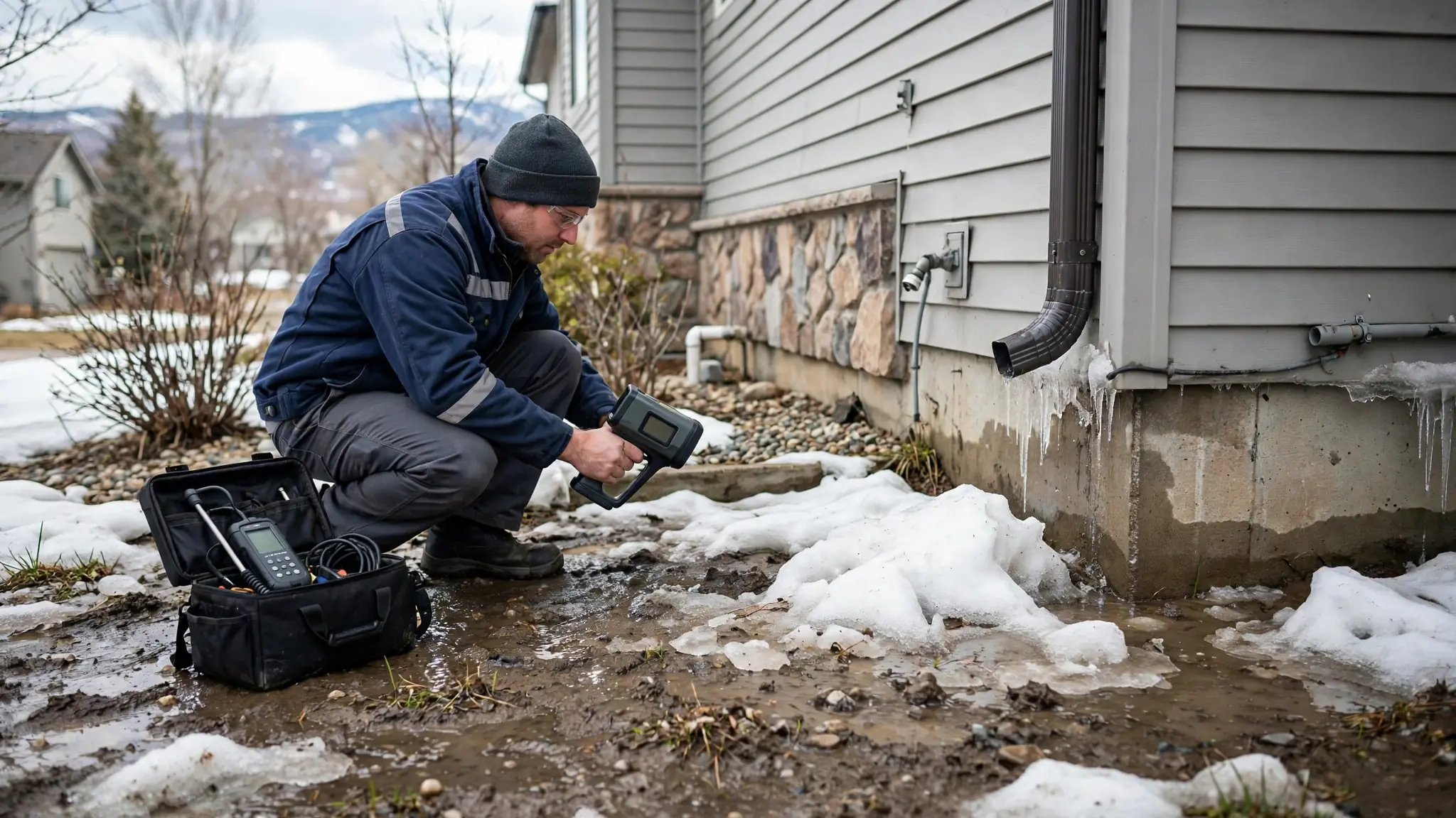 Melting snow pooling against a house foundation with saturated soil