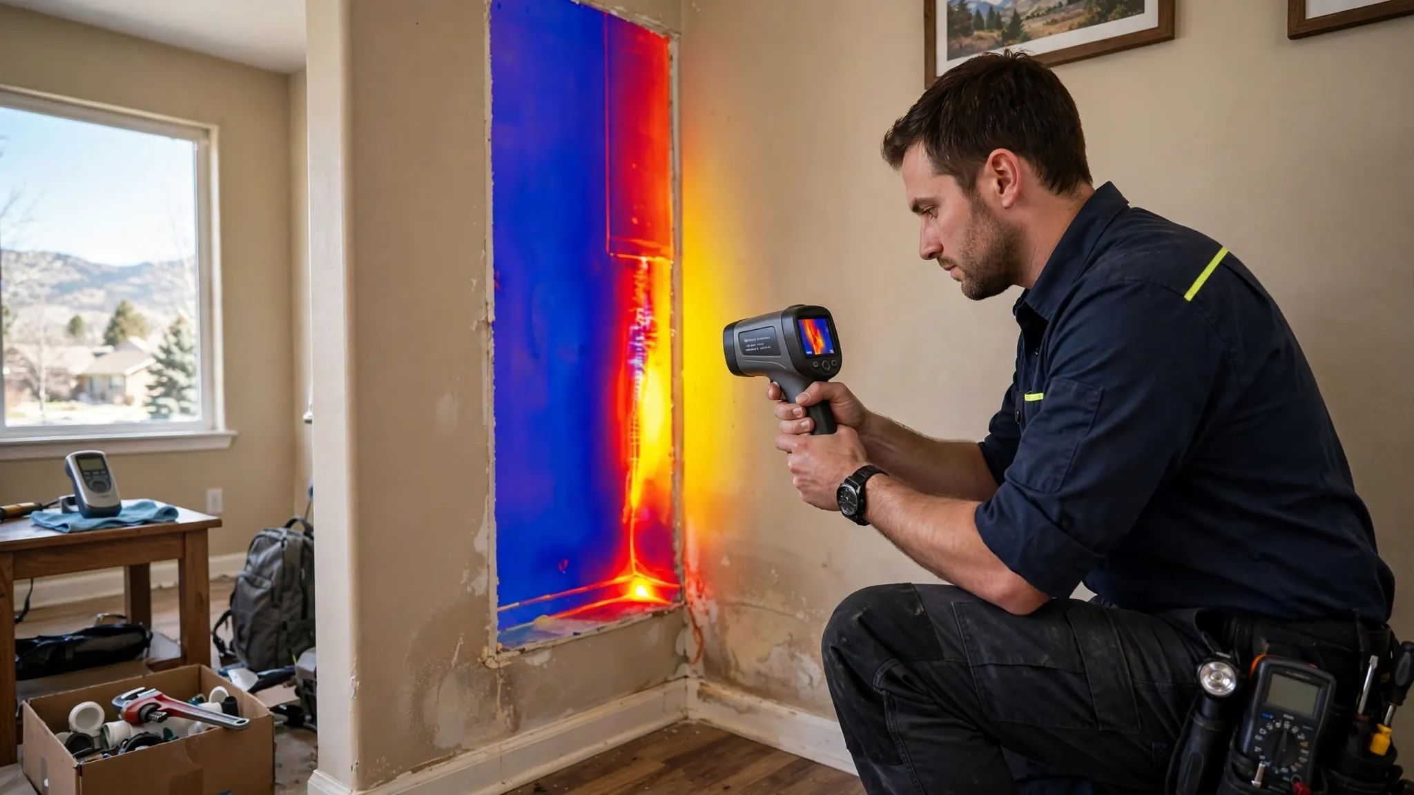 Thermal camera display showing a cold blue water leak pattern on a warm wall