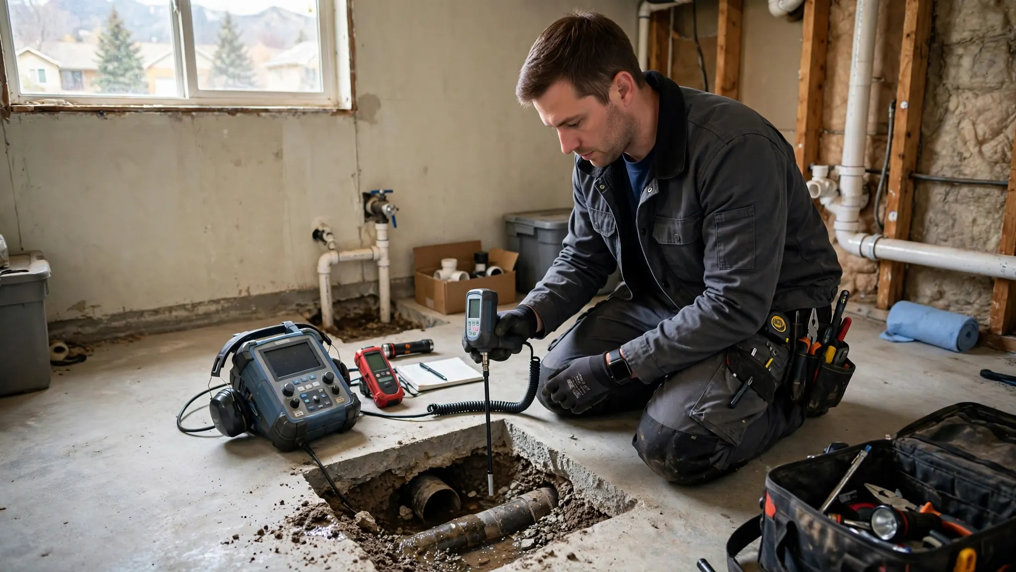 Technician using line locating equipment to map a buried water line in a Broomfield yard