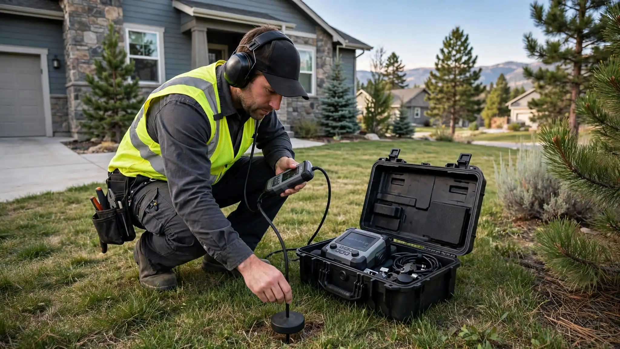 Technician using acoustic listening equipment over a buried water line