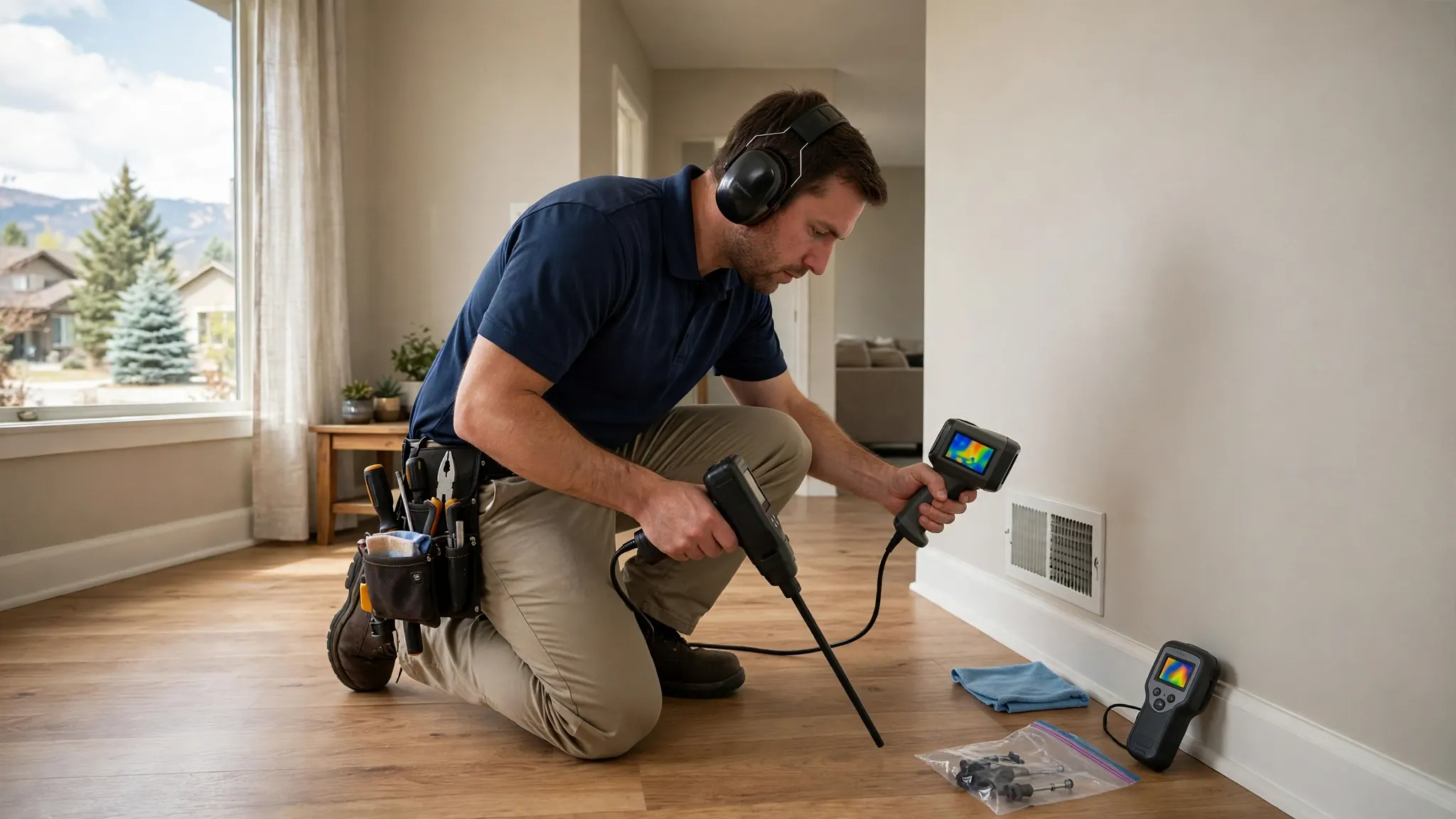 Technician performing a pressure decay test on a home water line with digital gauges