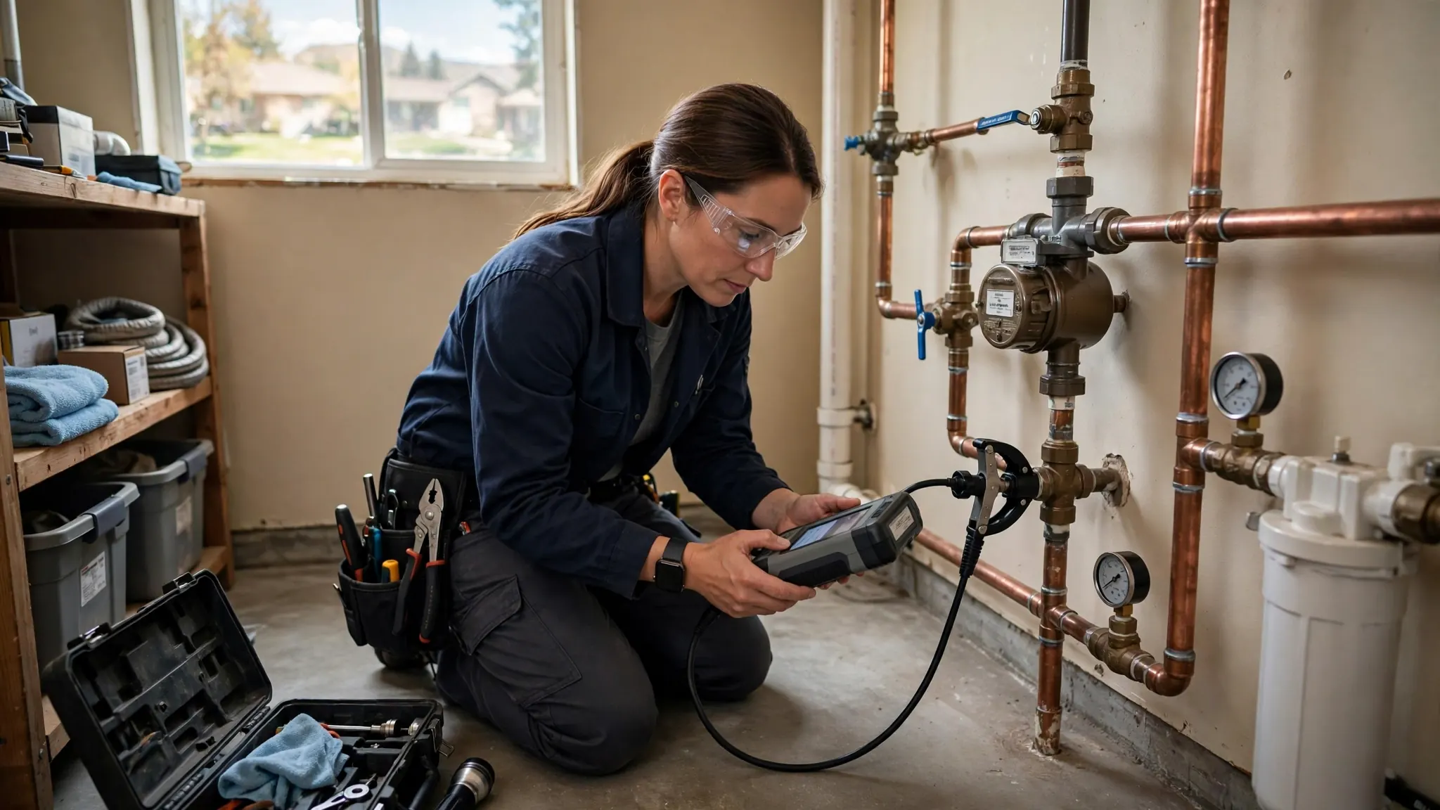 Technician reading a residential water meter and checking the leak indicator dial