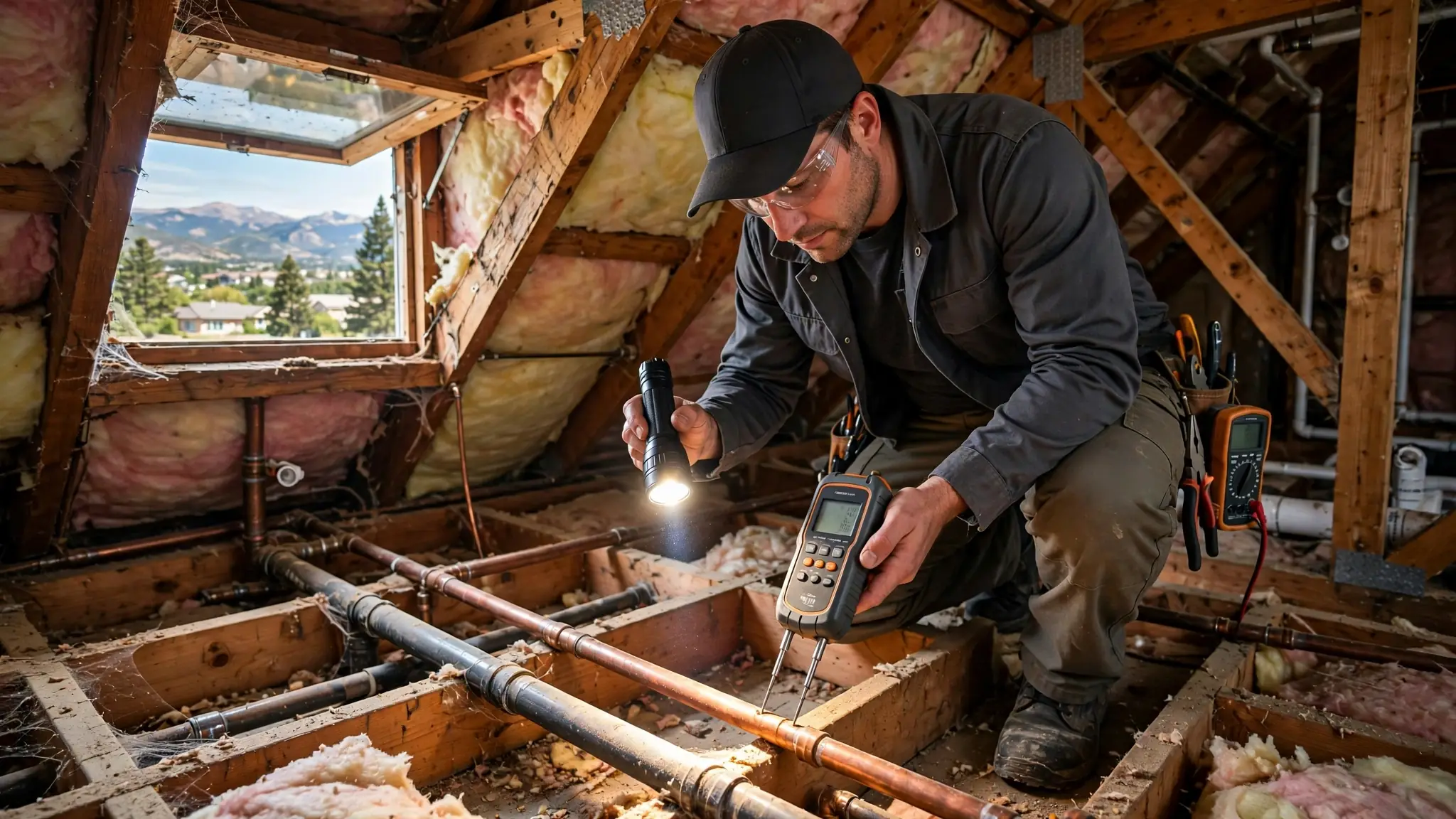 Homeowner looking up toward an attic hatch after hearing water sounds overhead in a Broomfield home
