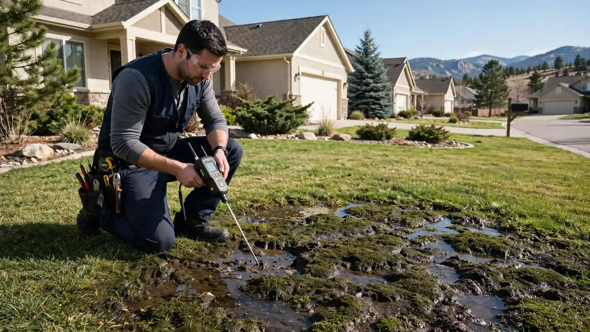Soggy wet patch of lawn that stays damp days after watering at a Broomfield home