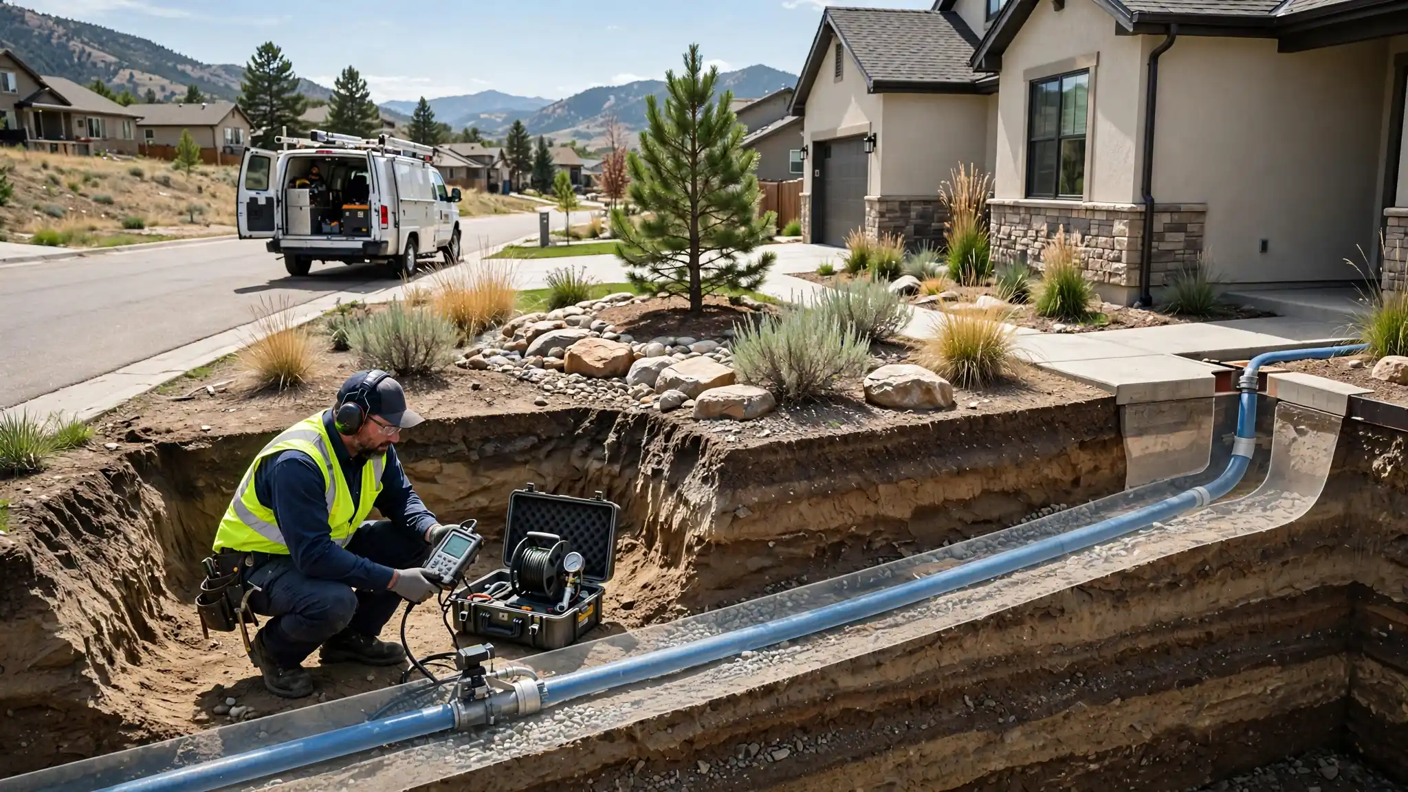 Buried water service line pipe running from a water meter toward a house