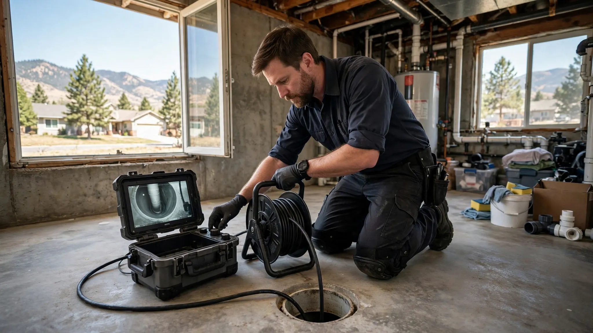 Technician clearing leaves and sediment from a yard catch basin drain