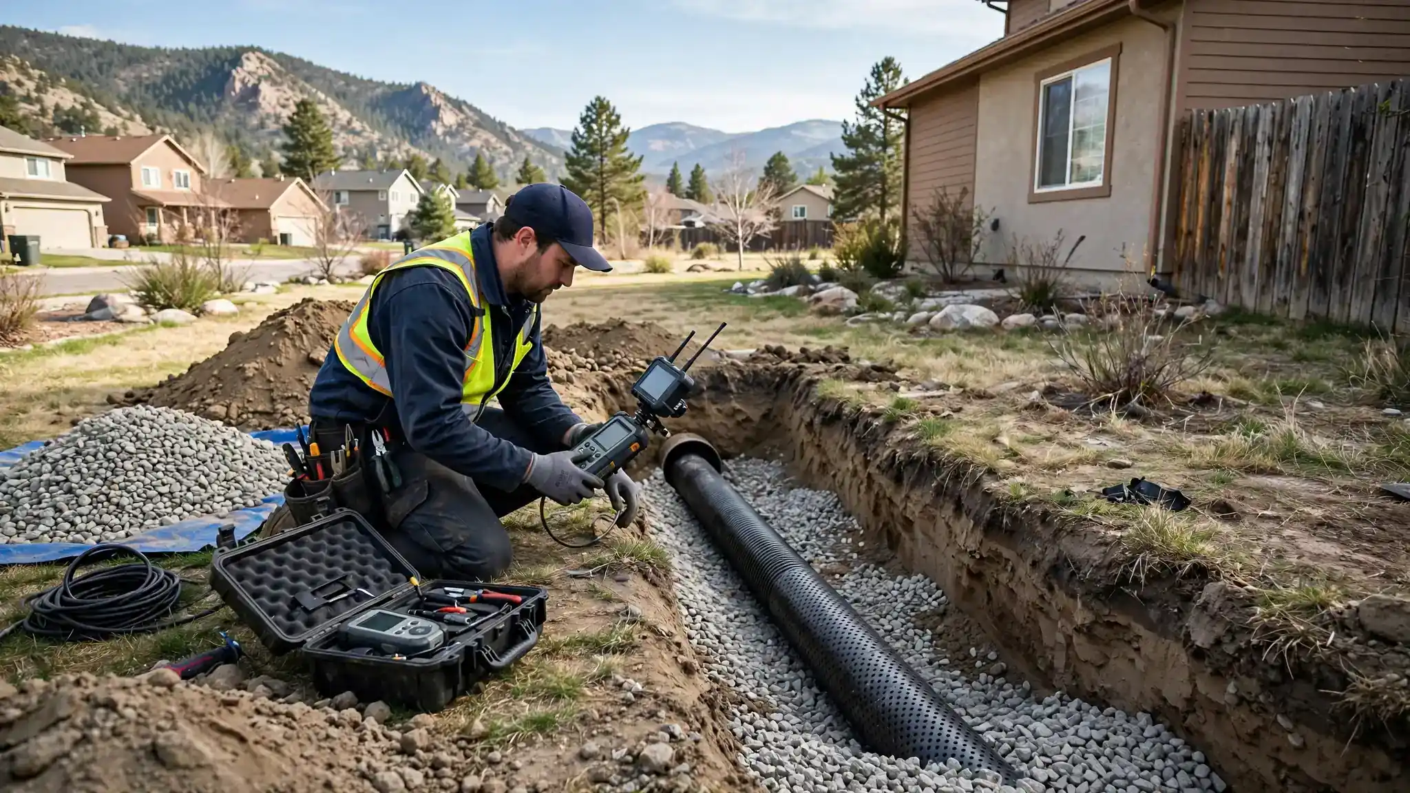 French drain trench with gravel and perforated pipe in a residential yard